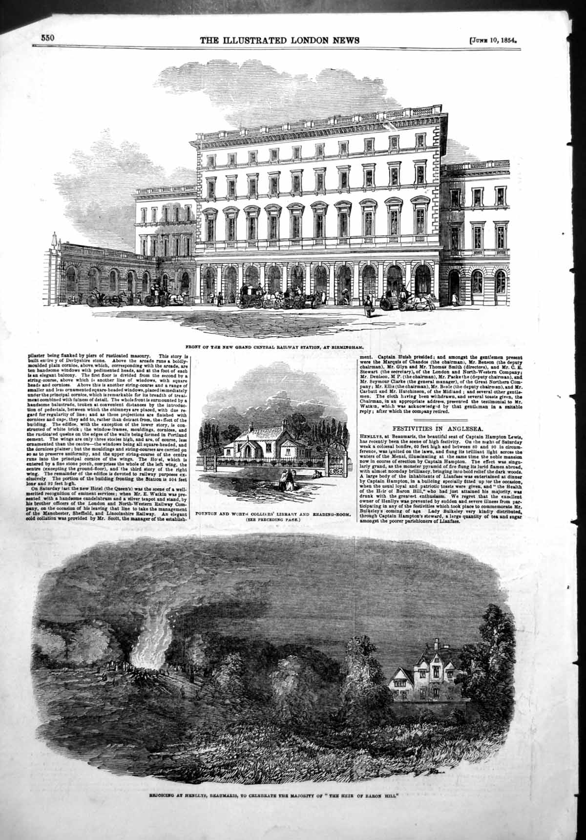Antique Print Central Railway Station Birmingham Poynton Worth Library 1854