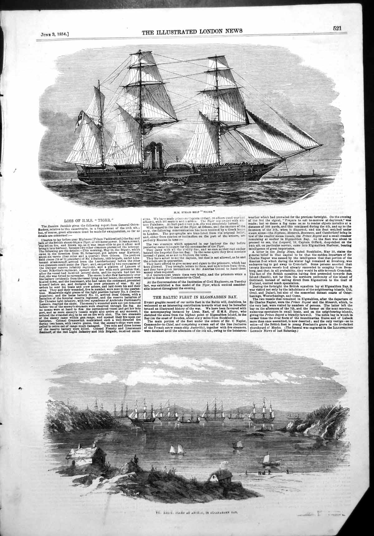 Old Print Loss Hm Steamship Tiger Baltic Fleet Anchor Elgsnabben Bay 1854 19th