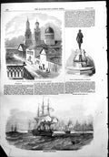 Old Antique Print Cronstadt Cathedral Observatory Statue Peter Great 1854 19th