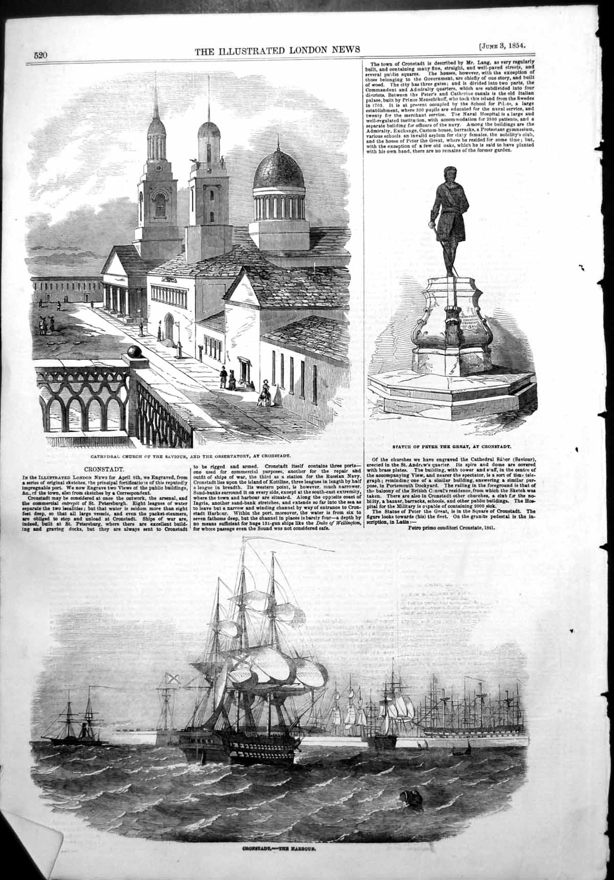 Old Antique Print Cronstadt Cathedral Observatory Statue Peter Great 1854 19th