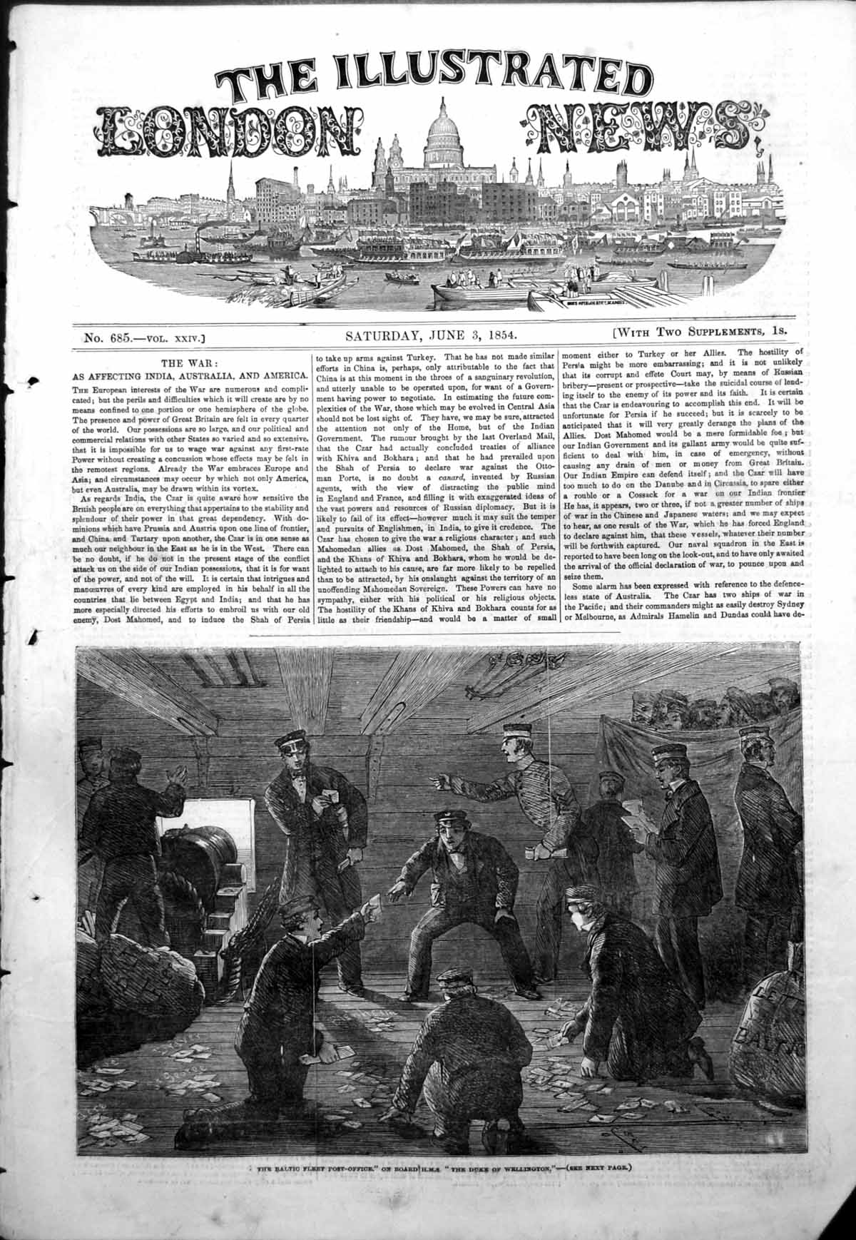 Antique Old Print Baltic Fleet Post Office On Board Hms Duke Wellington 1854