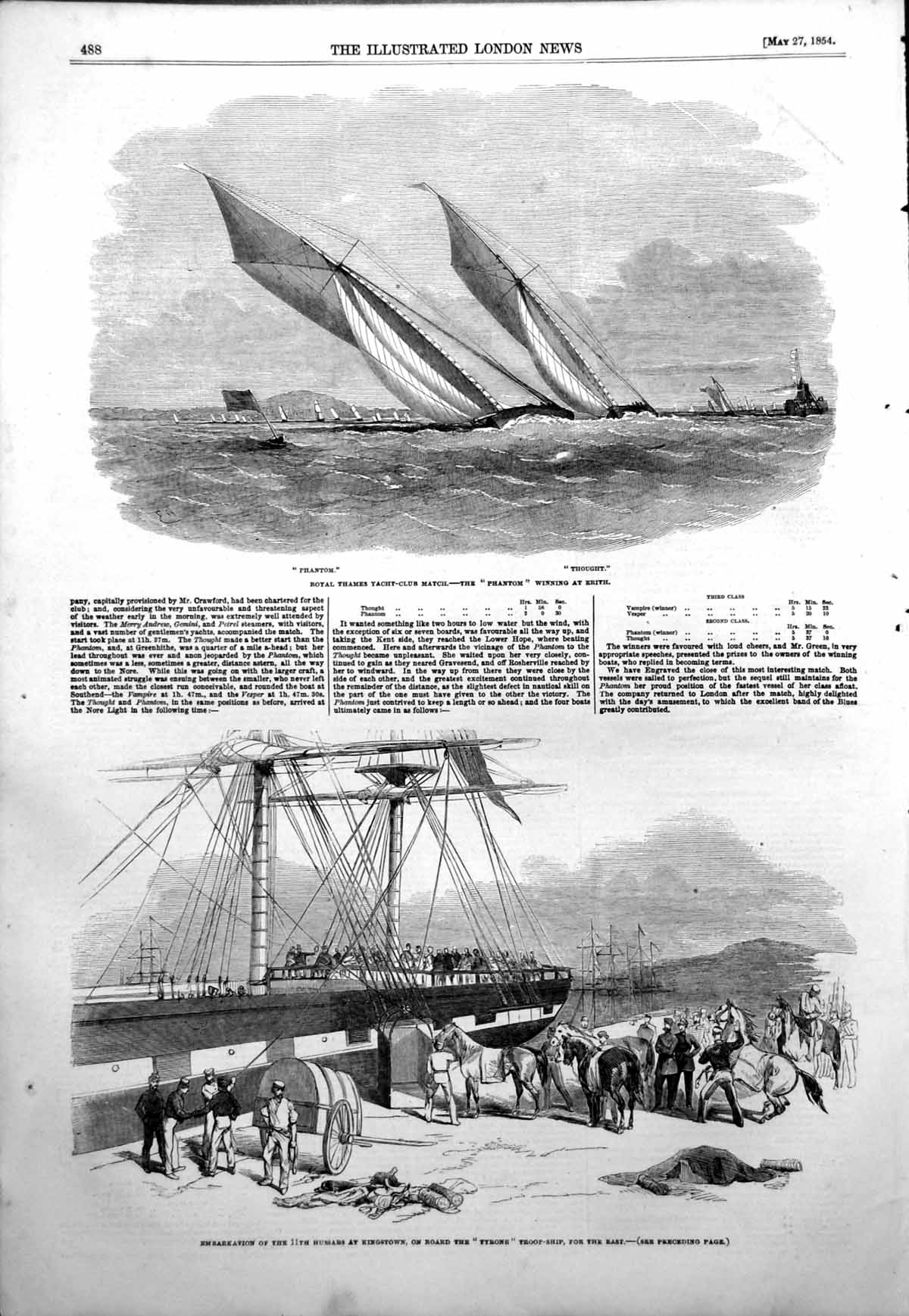 Antique Old Print Phantom Yacht Erith Embarkation 11Th Hussars Tyrone 1854