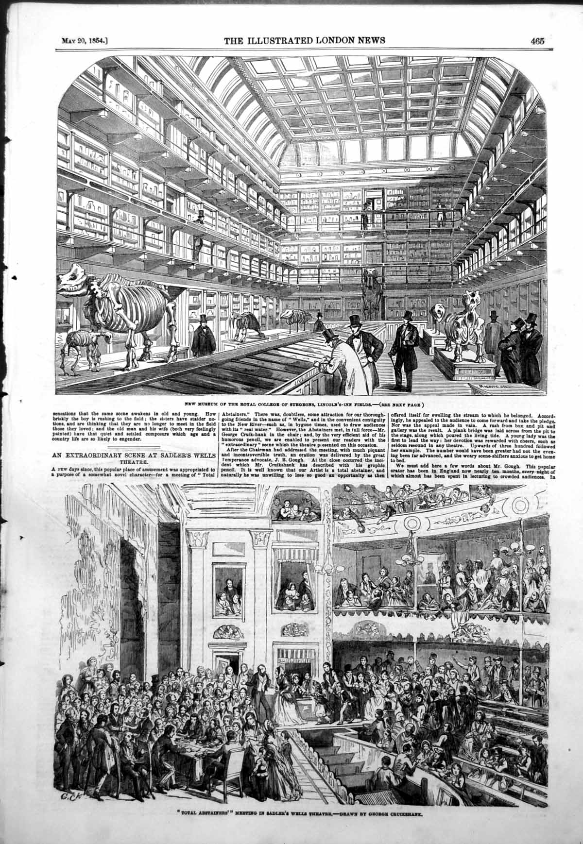 Antique Old Print Meeting Sadlers Wells Theatre Museum College Surgeons 1854