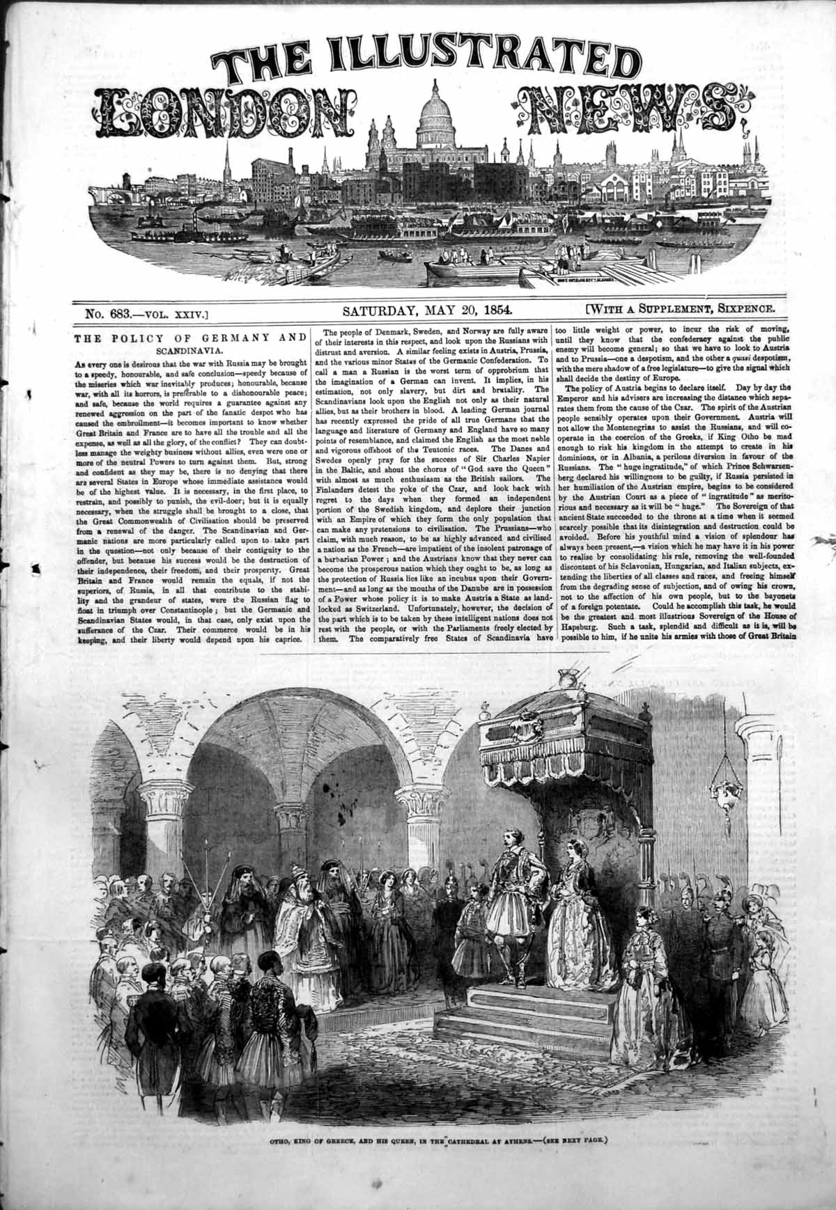 Original Old Antique Print Otho King Greece Queen Cathedral Athens 1854 19th
