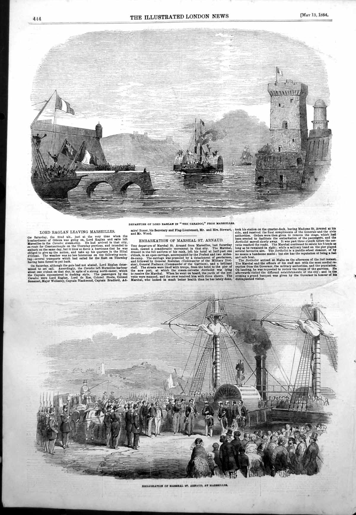 Old Antique Print Lord Raglan Caradoc Marseilles Marshal St Arnaud 1854 19th