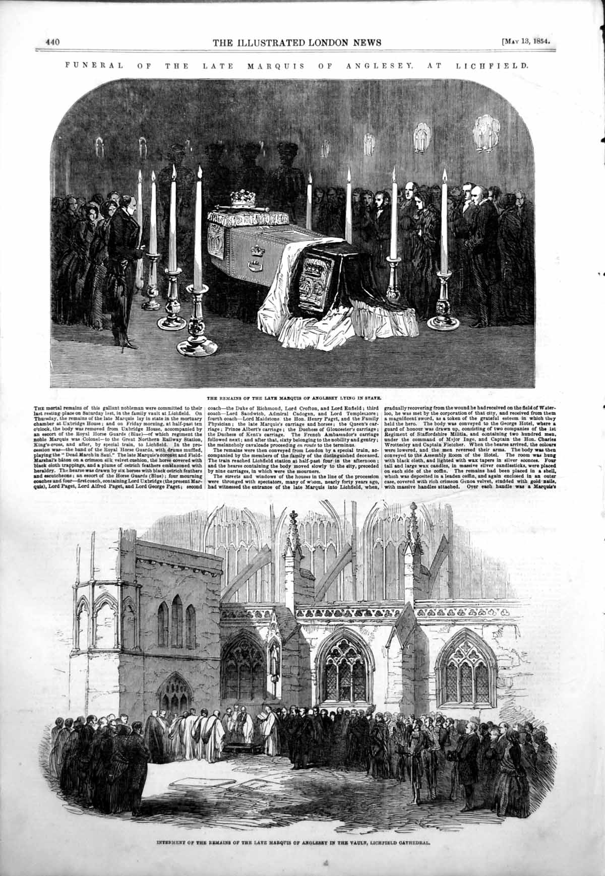 Old Antique Print Funeral Marquis Anglesey Lichfield Cathedral Vault 1854 19th