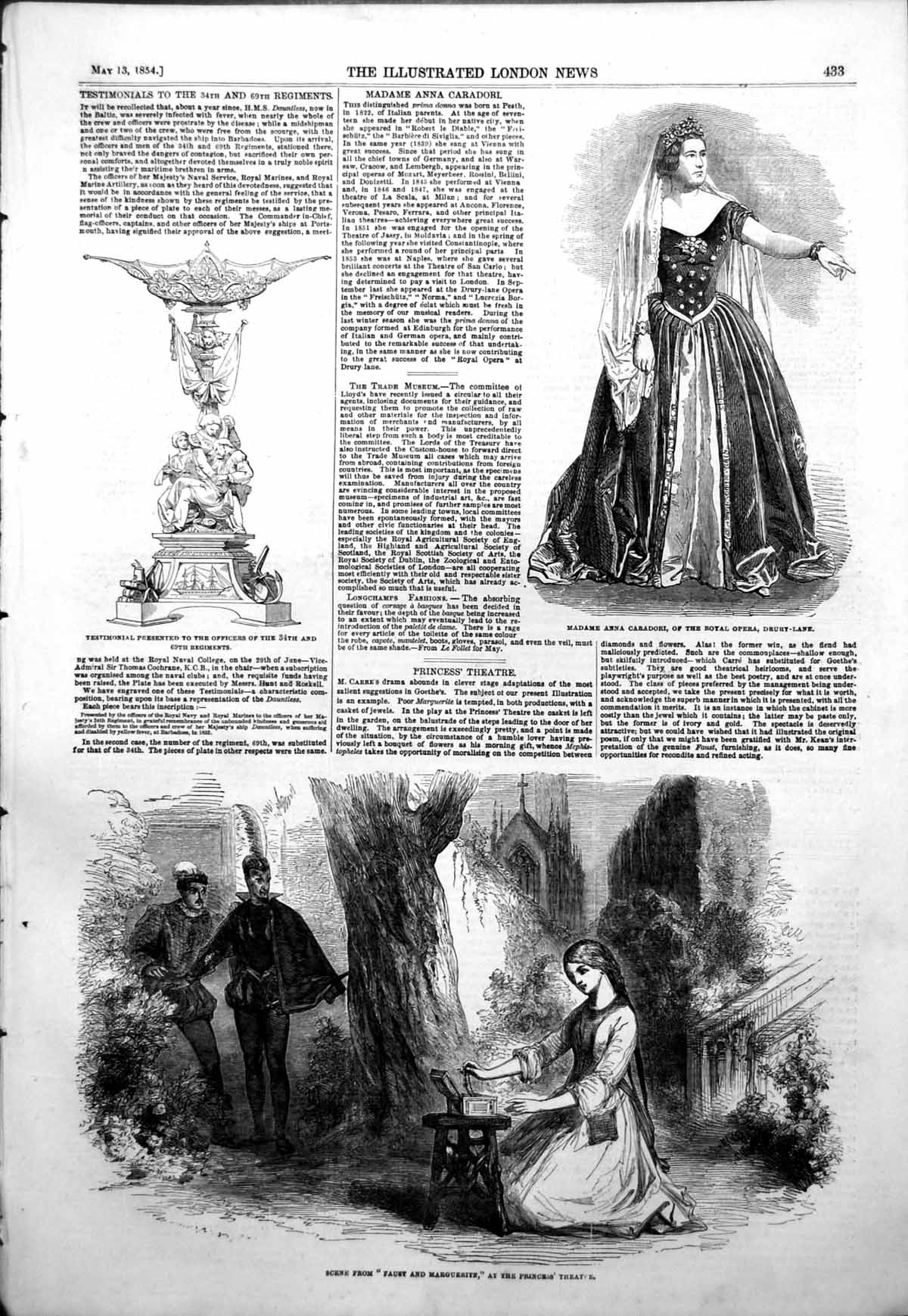 Old Antique Print Madame Anna Caradori Royal Opera Faust Marguerite 1854 19th