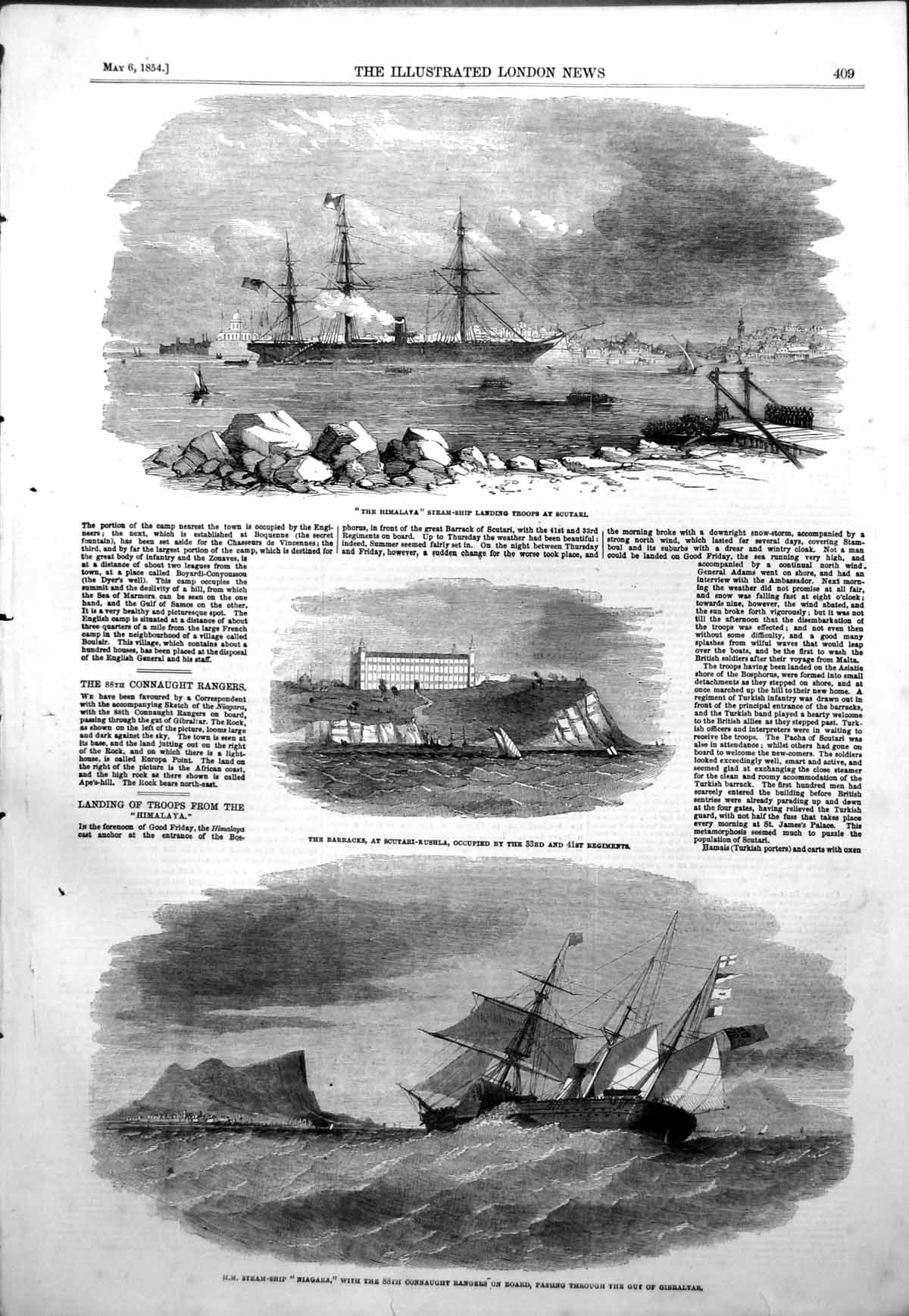Antique Print Himalaya Troops Scutari Barracks Niagara Ship Gibraltar 1854 19th