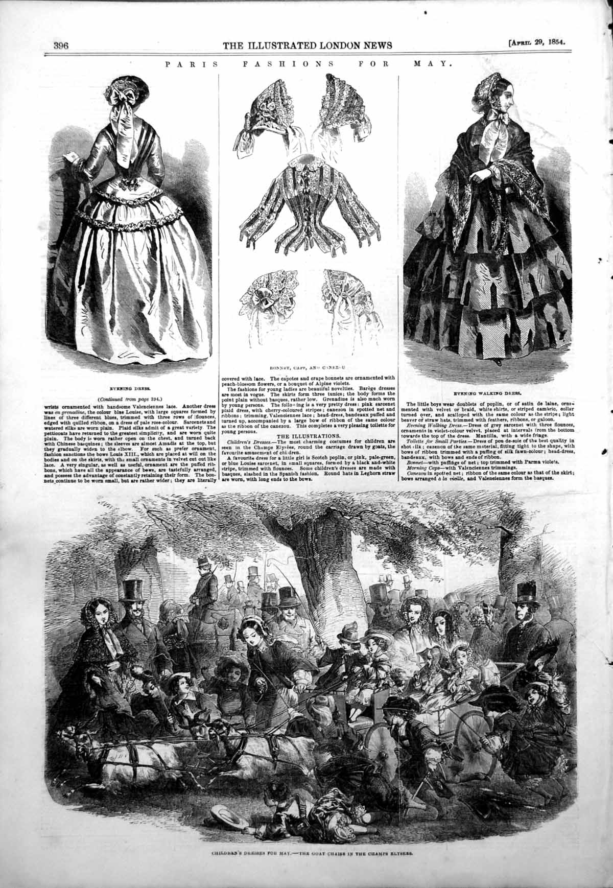 Old Print Childrens Dresses May Goat Chaise Champs Elysees Fashions 1854 19th
