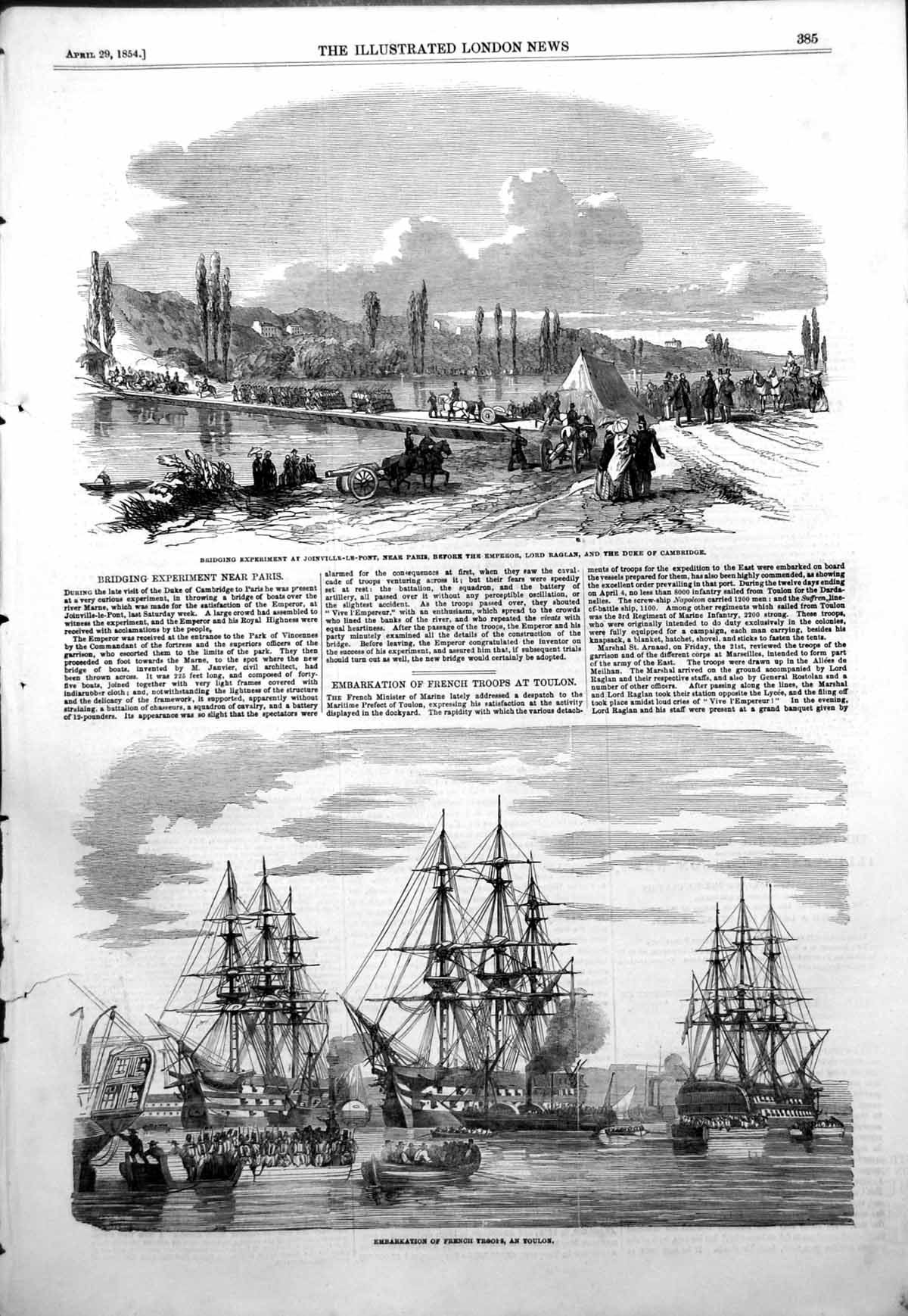 Antique Old Print Embarkation French Toulon Bridging Experiment Paris 1854 19th