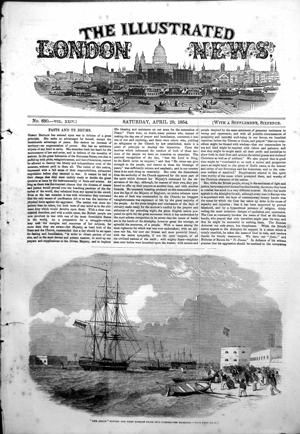 Antique Old Print Argus Towing First Russian Prize Portsmouth Harbour 1854 19th