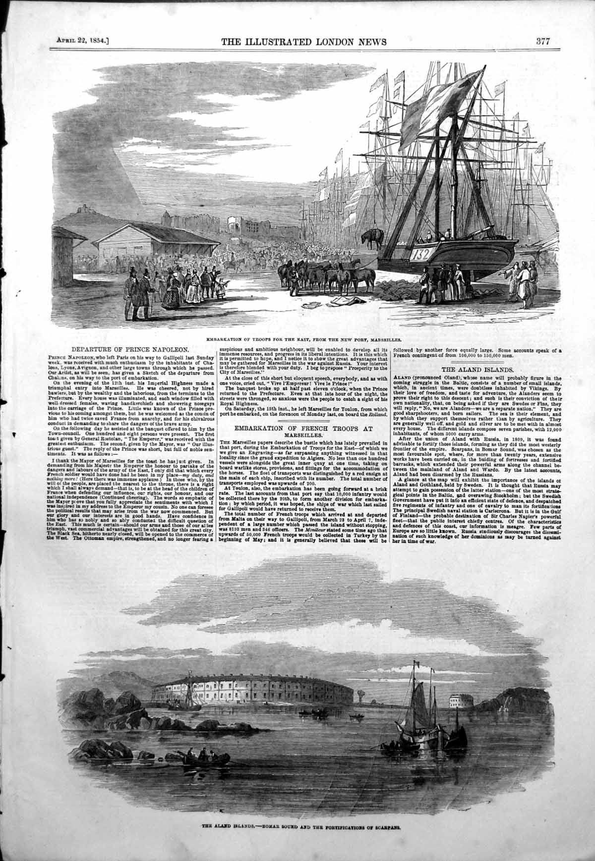 Antique Print Embarkation Troops Marseilles Aland Islands Bomar Sound 1854 19th