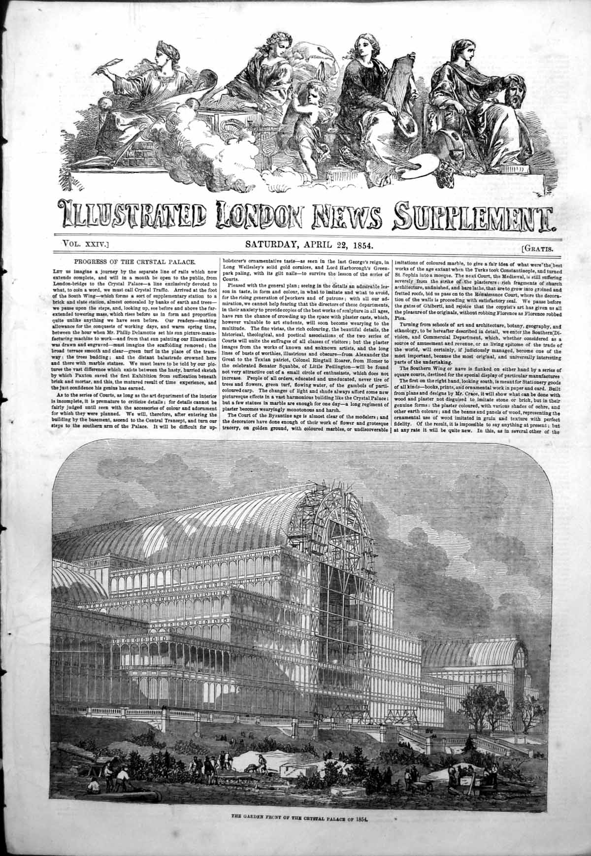 Original Old Antique Print Garden Front Crystal Palace Under Construction 1854