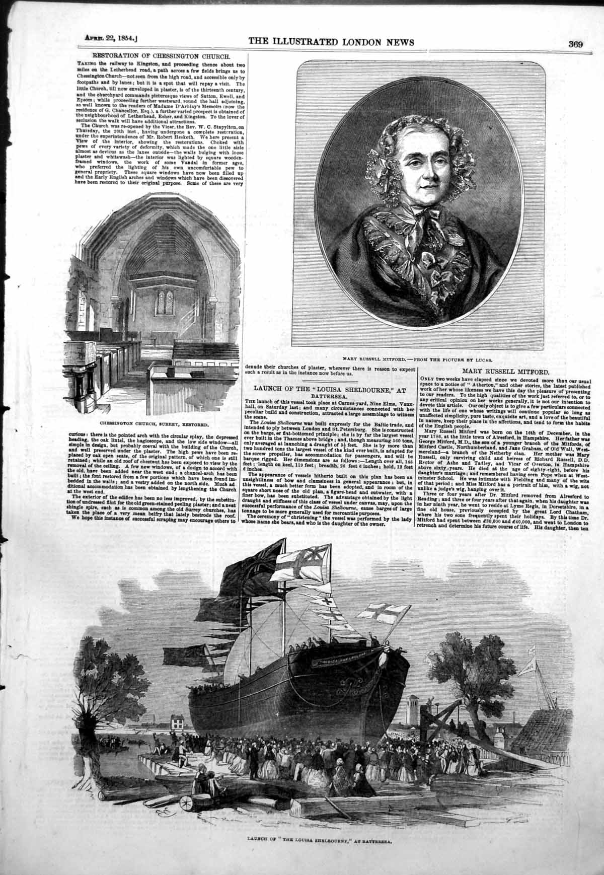 Antique Print Launch Louisa Shelbourne Battersea Mary Russell Mitford 1854 19th