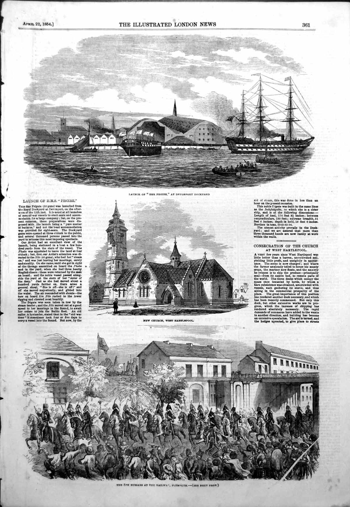 Antique Old Print Launch Phoebe Devenport Dock Church West Hartlepool 1854 19th