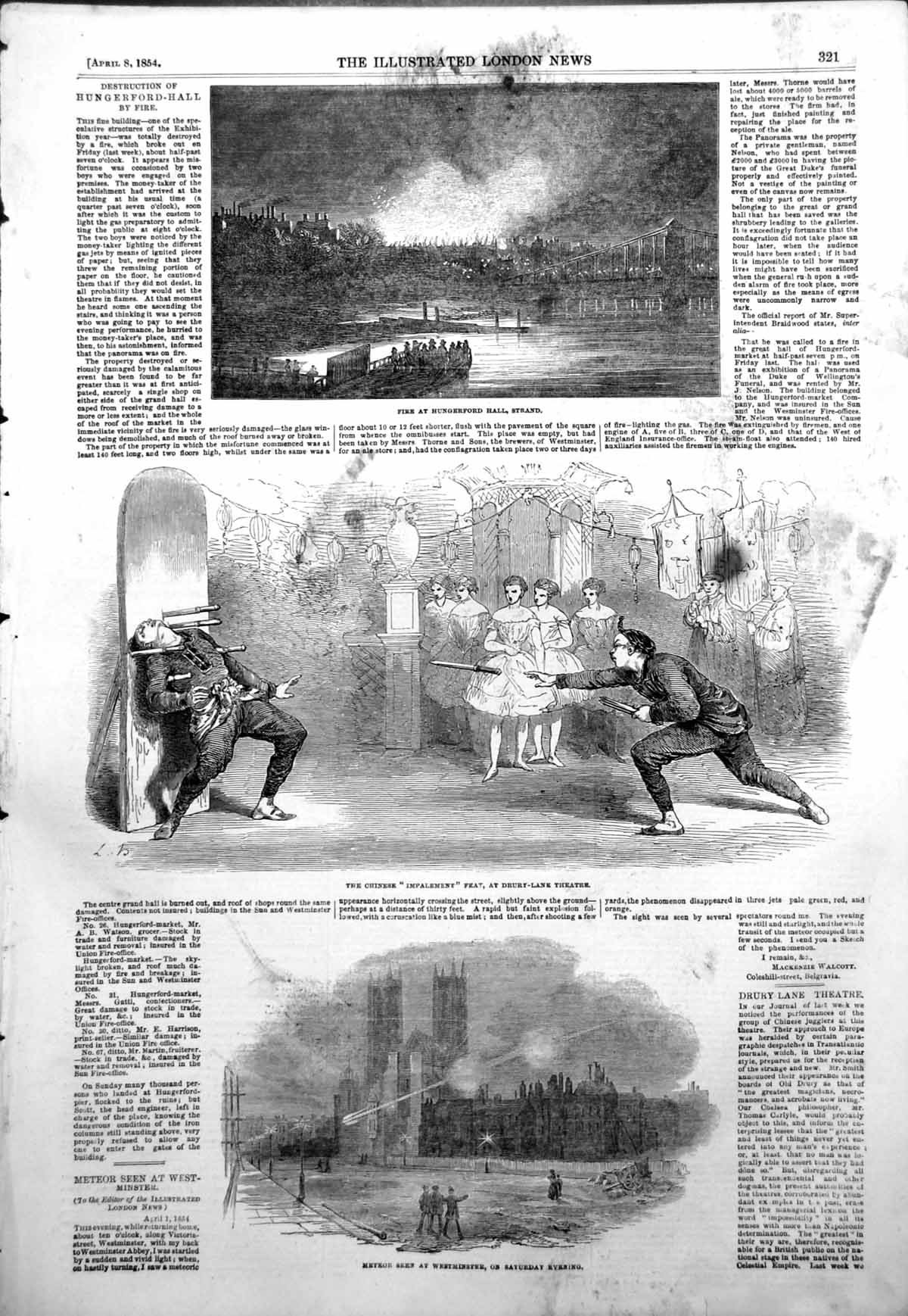 Original Old Antique Print Fire Hungerford Hall Strand Meteor Westminster 1854