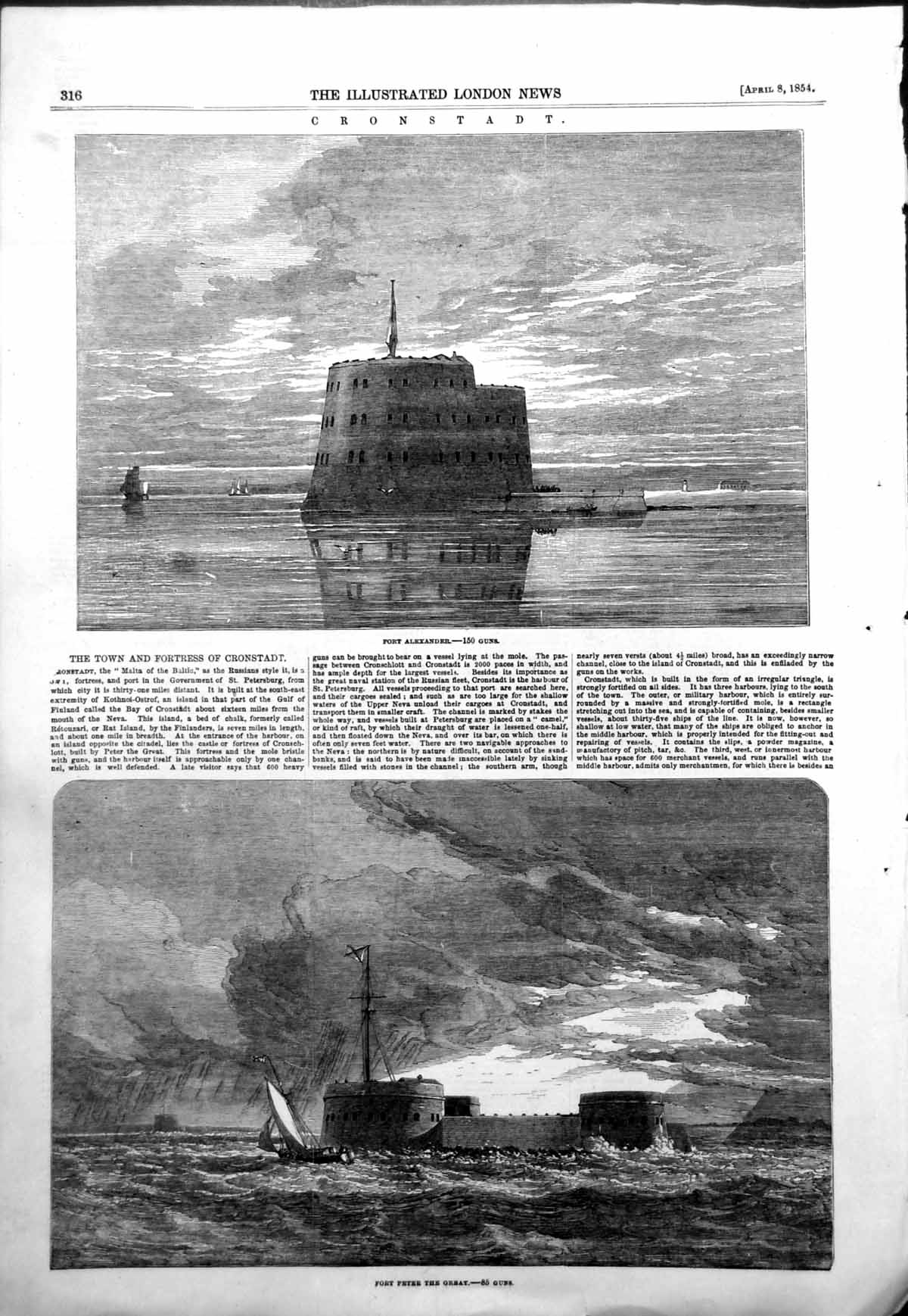 Old Print Cronstadt Fort Peter Great 85 Guns Fort Alexander 150 Guns1854