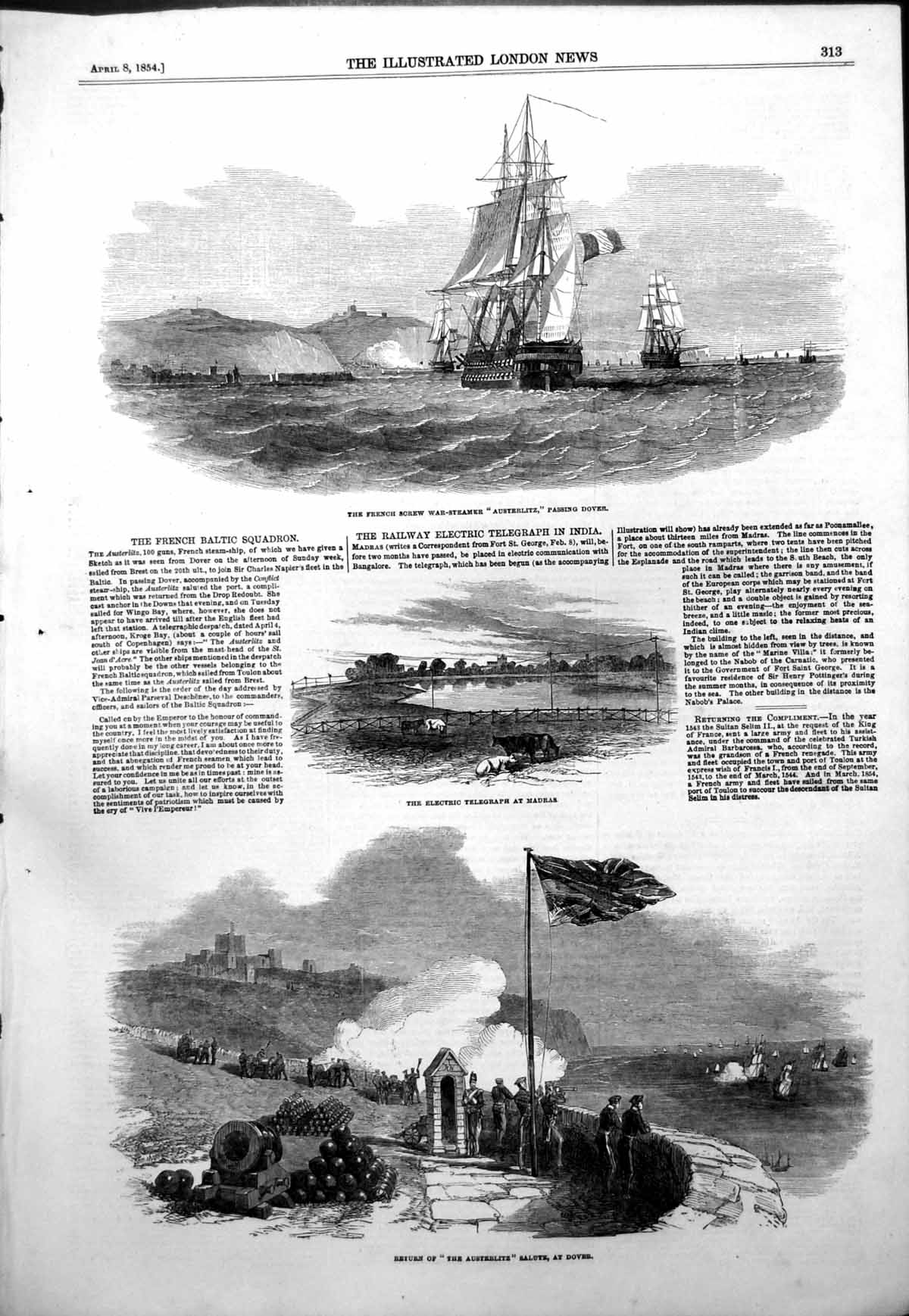 Old Antique Print French War Steamer Austerlitz Dover Return Salute 1854 19th
