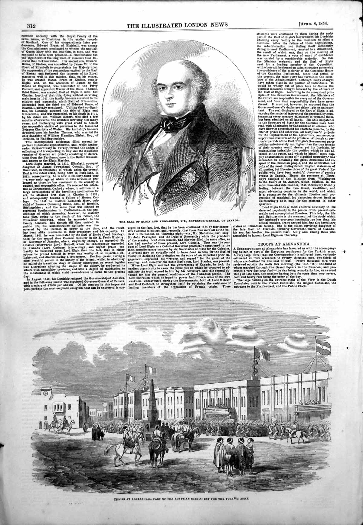 Antique Old Print Earl Elgin Kincardine Gov Gen Canada Troops Alexandria 1854