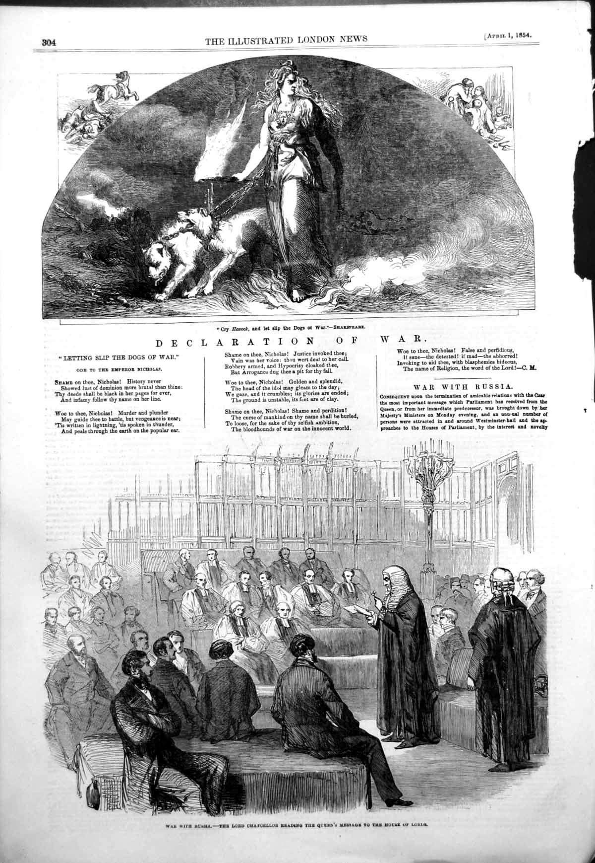 Antique Old Print War Russia Lord Chancellor Queens Message House Lords 1854