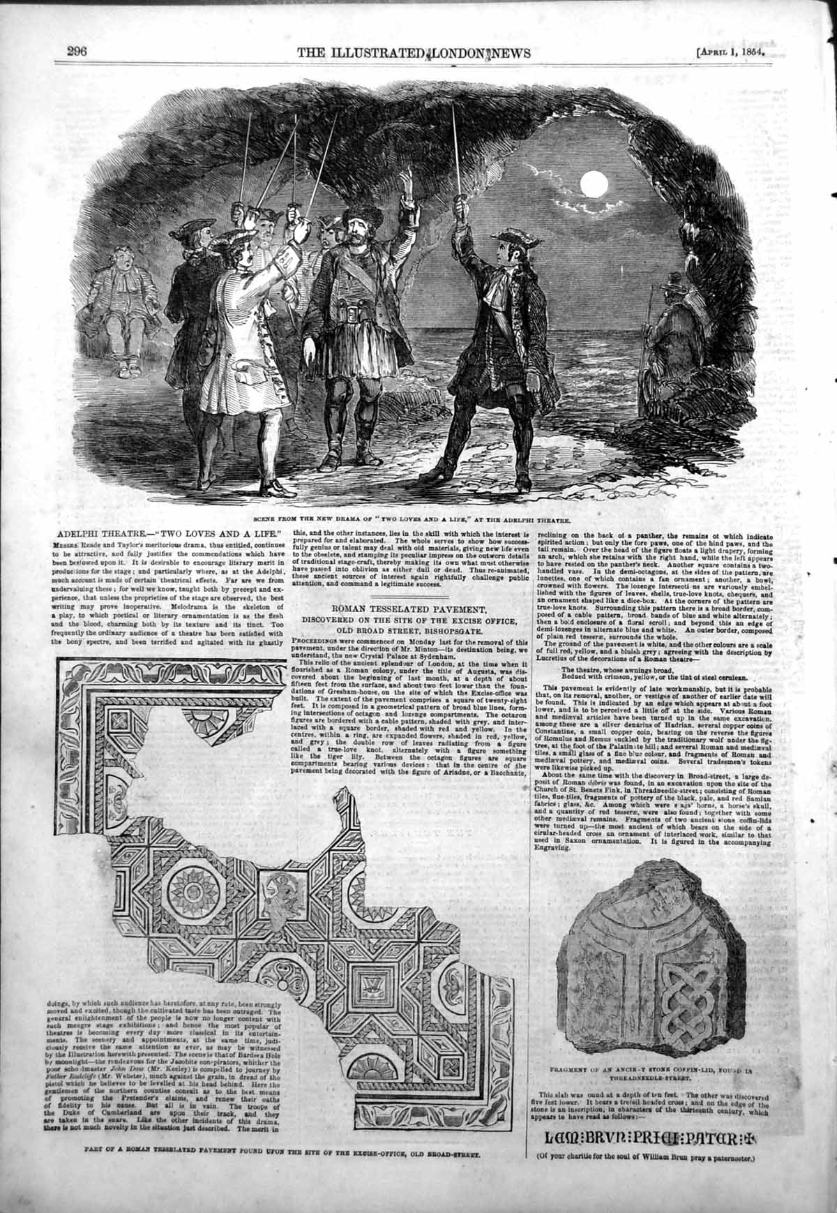 Antique Print Drama Two Lovers Life Adelphi Roman Tesselated Pavement 1854 19th