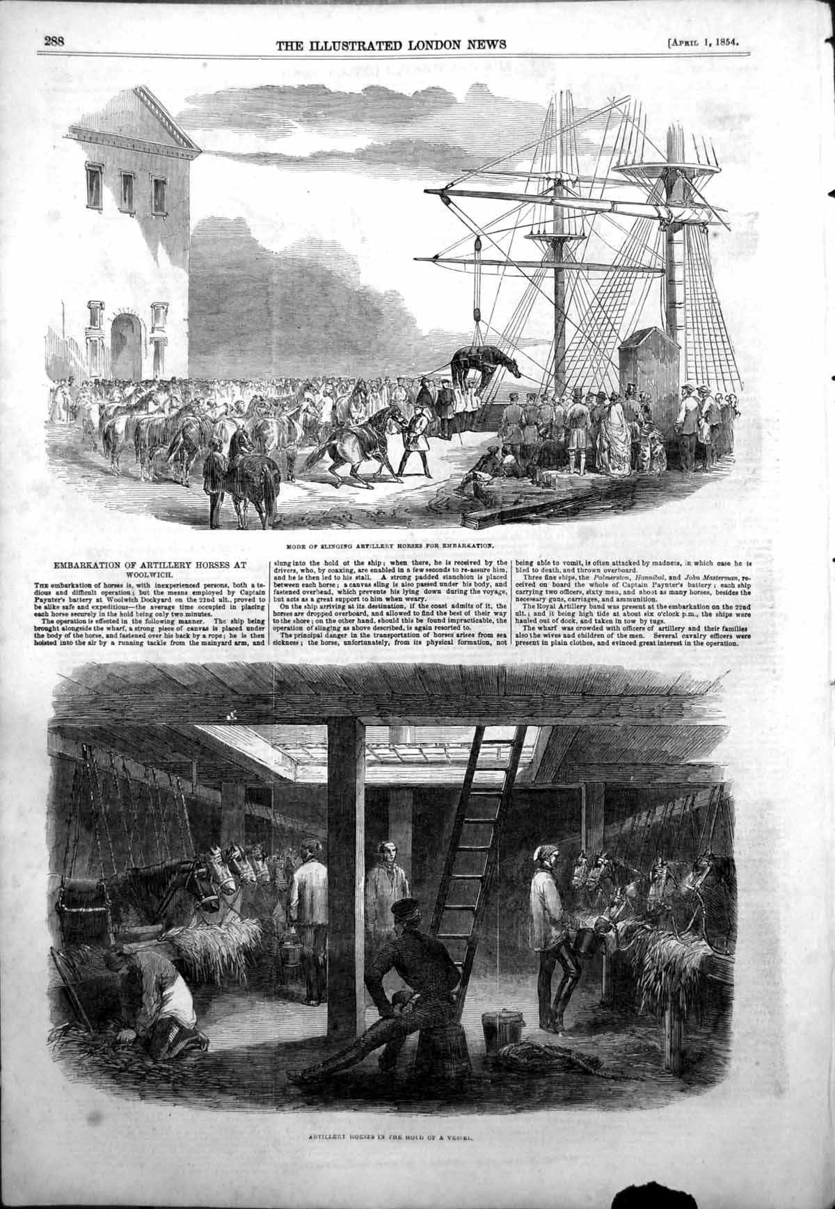 Original Old Antique Print Slinging Artillery Horses Embarkation HVessel 1854