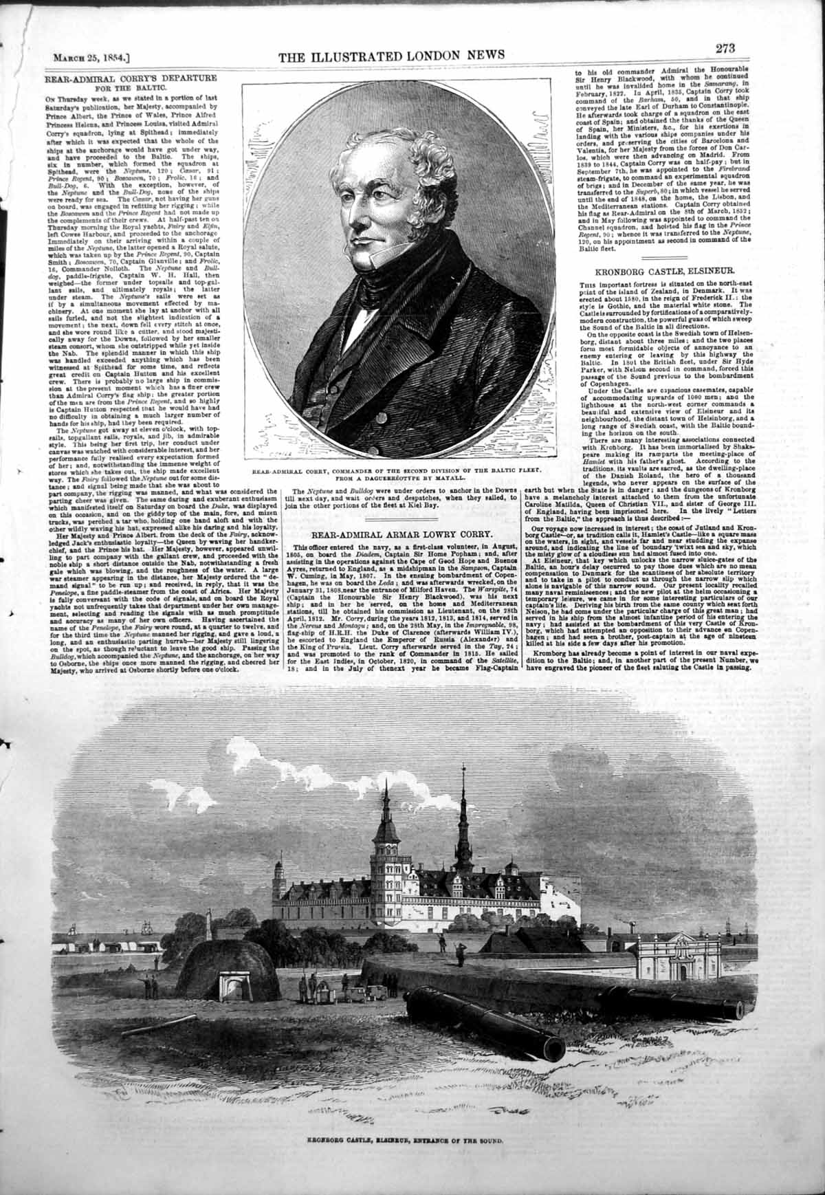 Antique Old Print Rear Admiral Corry 2Nd Baltic Fleet Kronborg Castle 1854