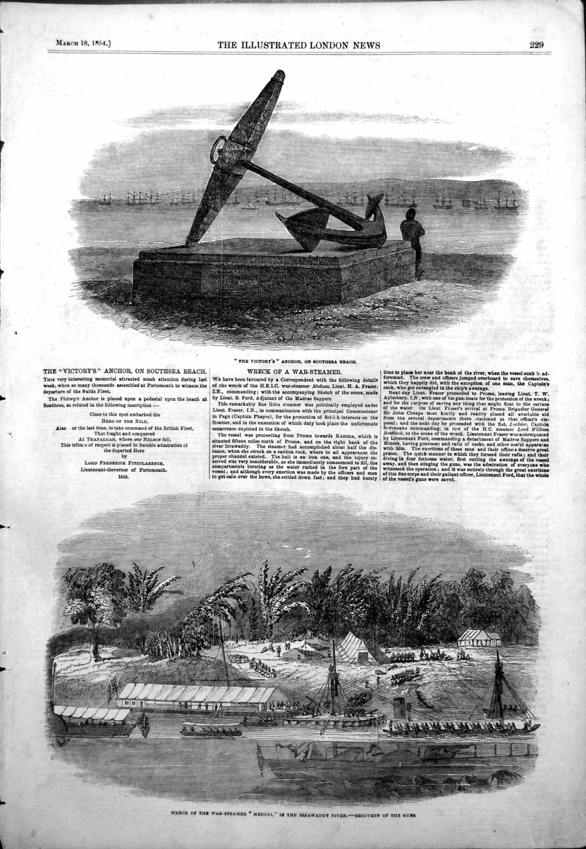 Old Antique Print Victorys Anchor Southsea Wreck War Steamer Medusa 1854 19th
