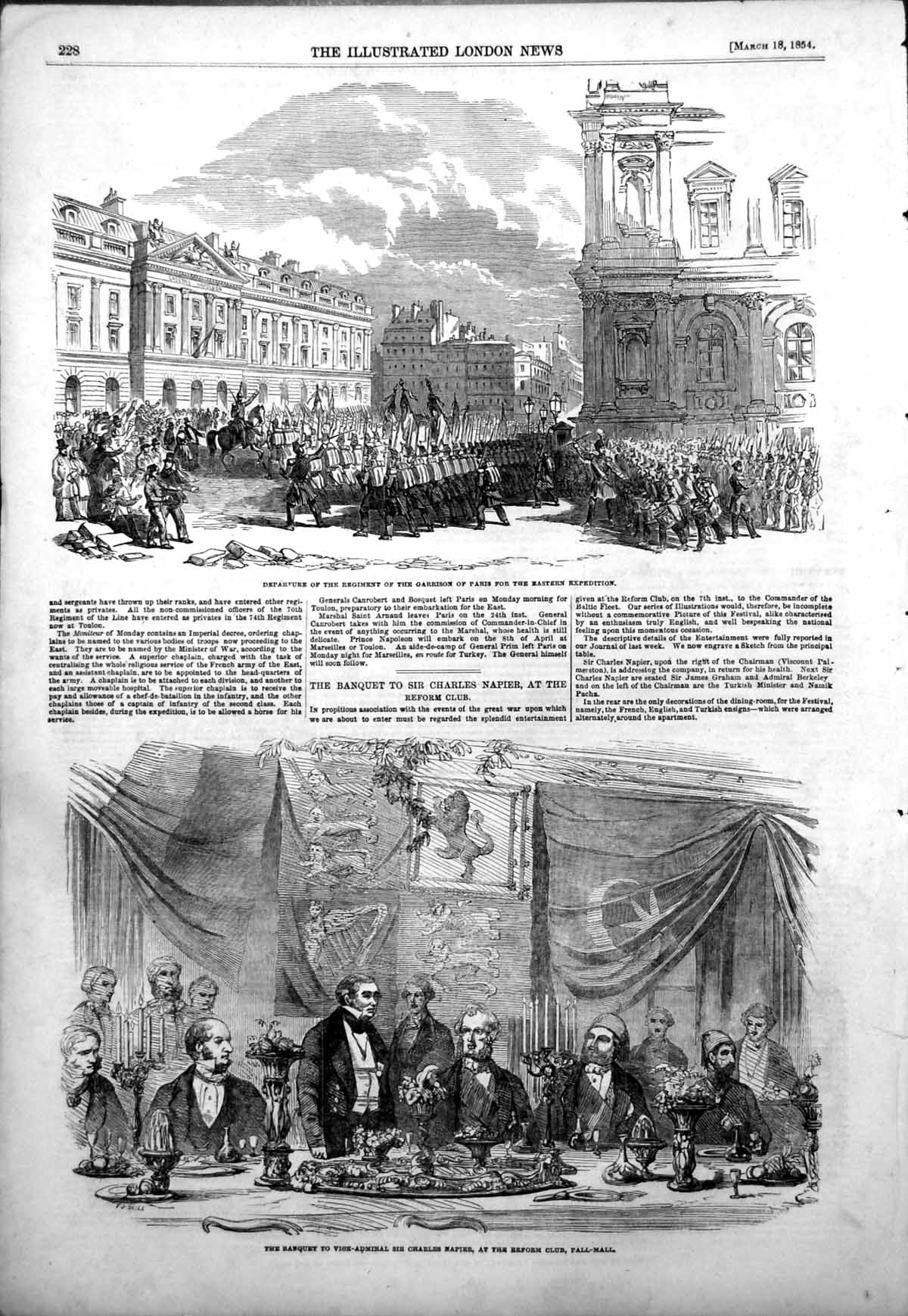 Antique Old Print Departure Garrison Paris Banquet Charles Napier Reform 1854