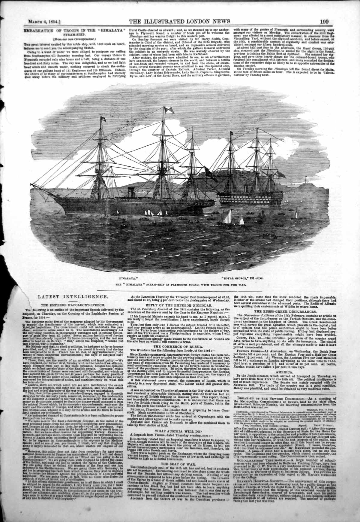 Original Old Antique Print Himalaya Steam Ship Plymouth Sound Troops War 1854