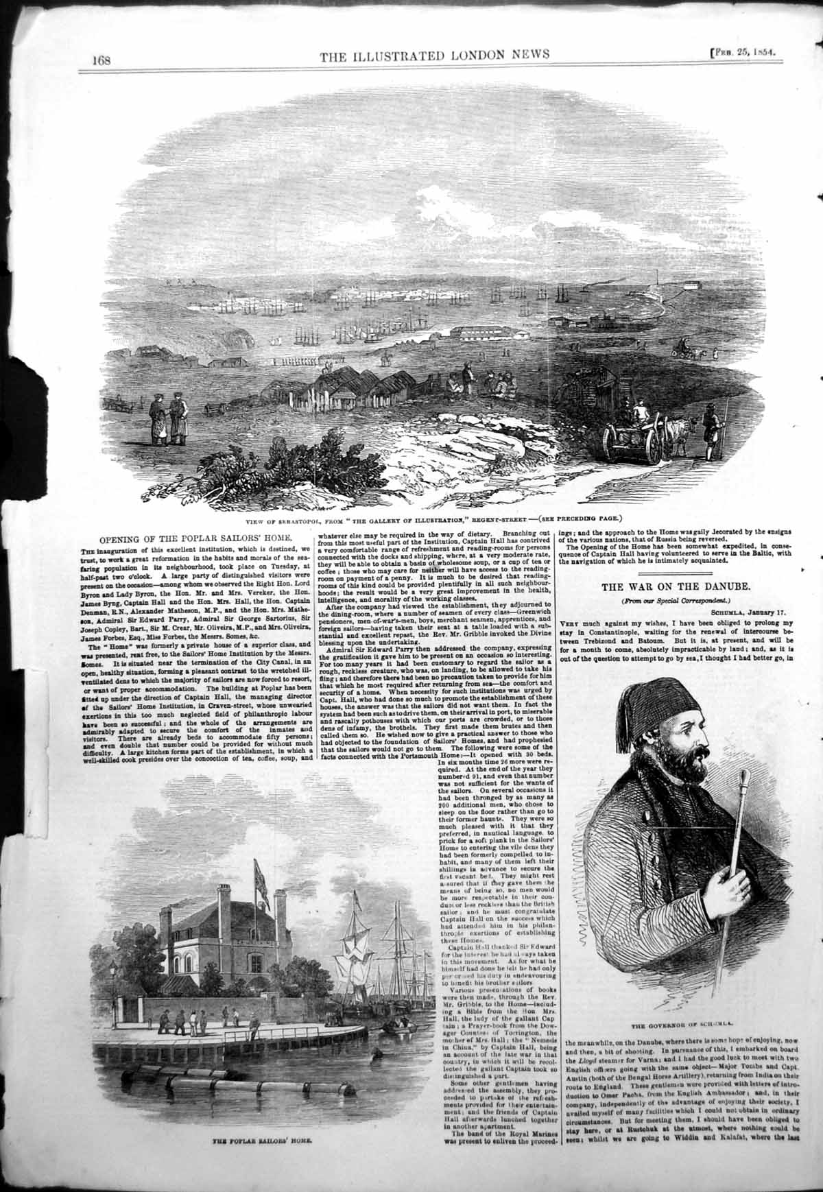 Original Old Antique Print Governor Schumla Sebastopol Poplar Sailors Home 1854