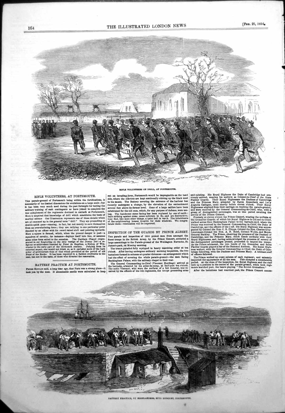 Antique Print Rifle Volunteers Battery Practice Highlanders Portsmouth 1854