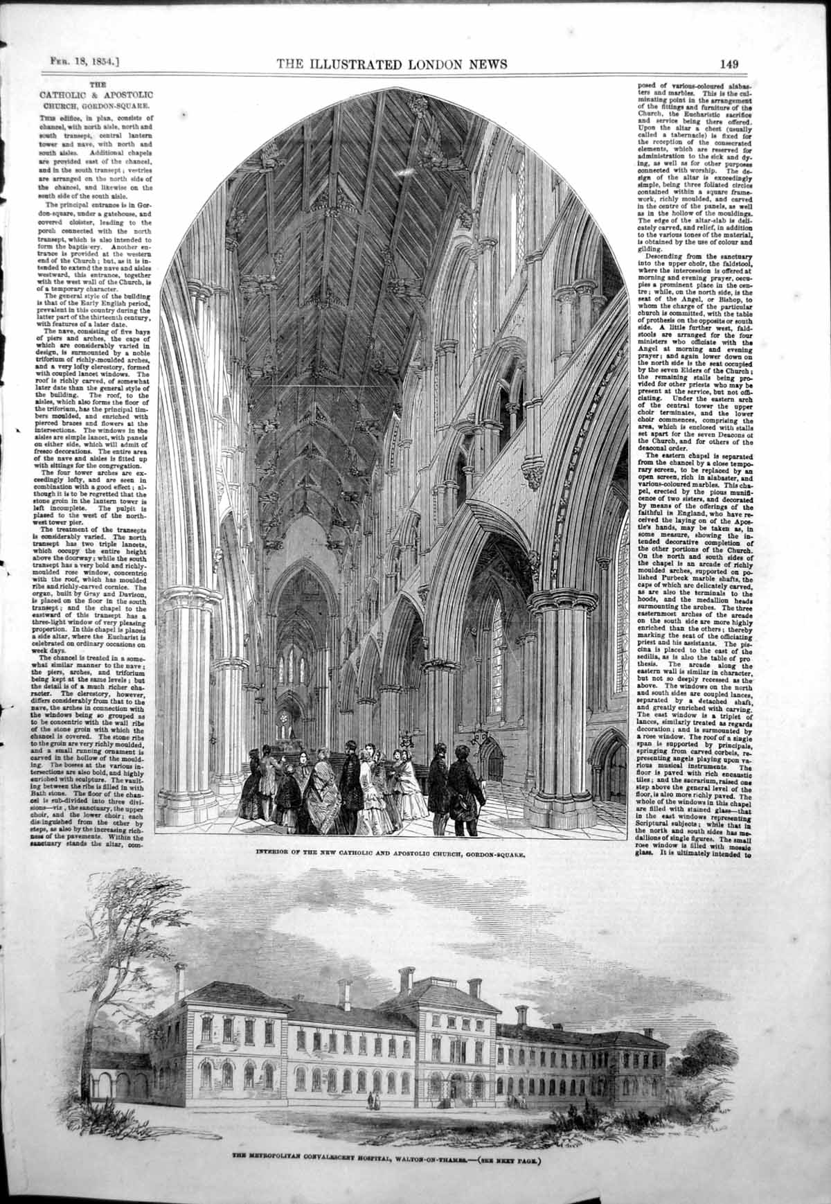 Antique Old Print Convalescent Hospital Walton Catholic Church Gordon Sq 1854