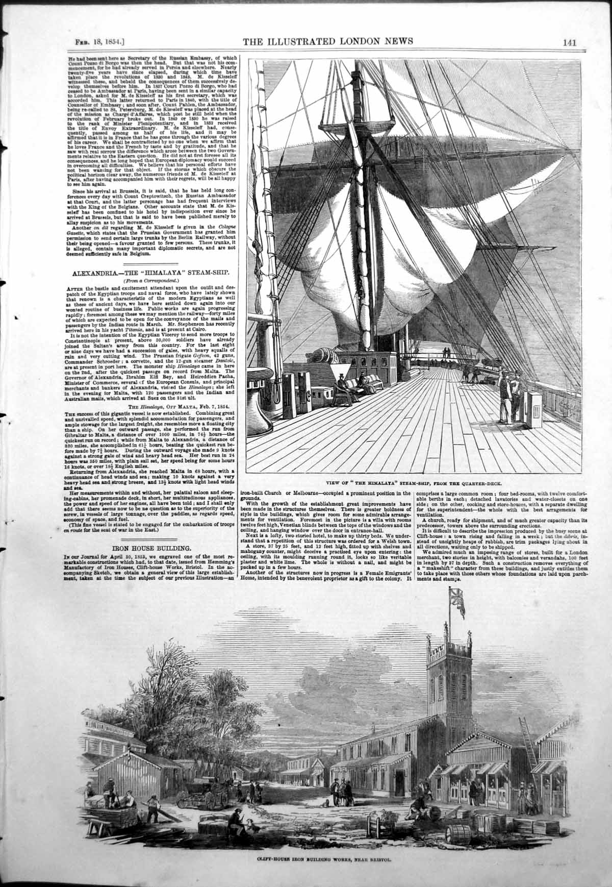 Old Antique Print Himalaya Steam Ship Clift House Iron Works Bristol 1854 19th