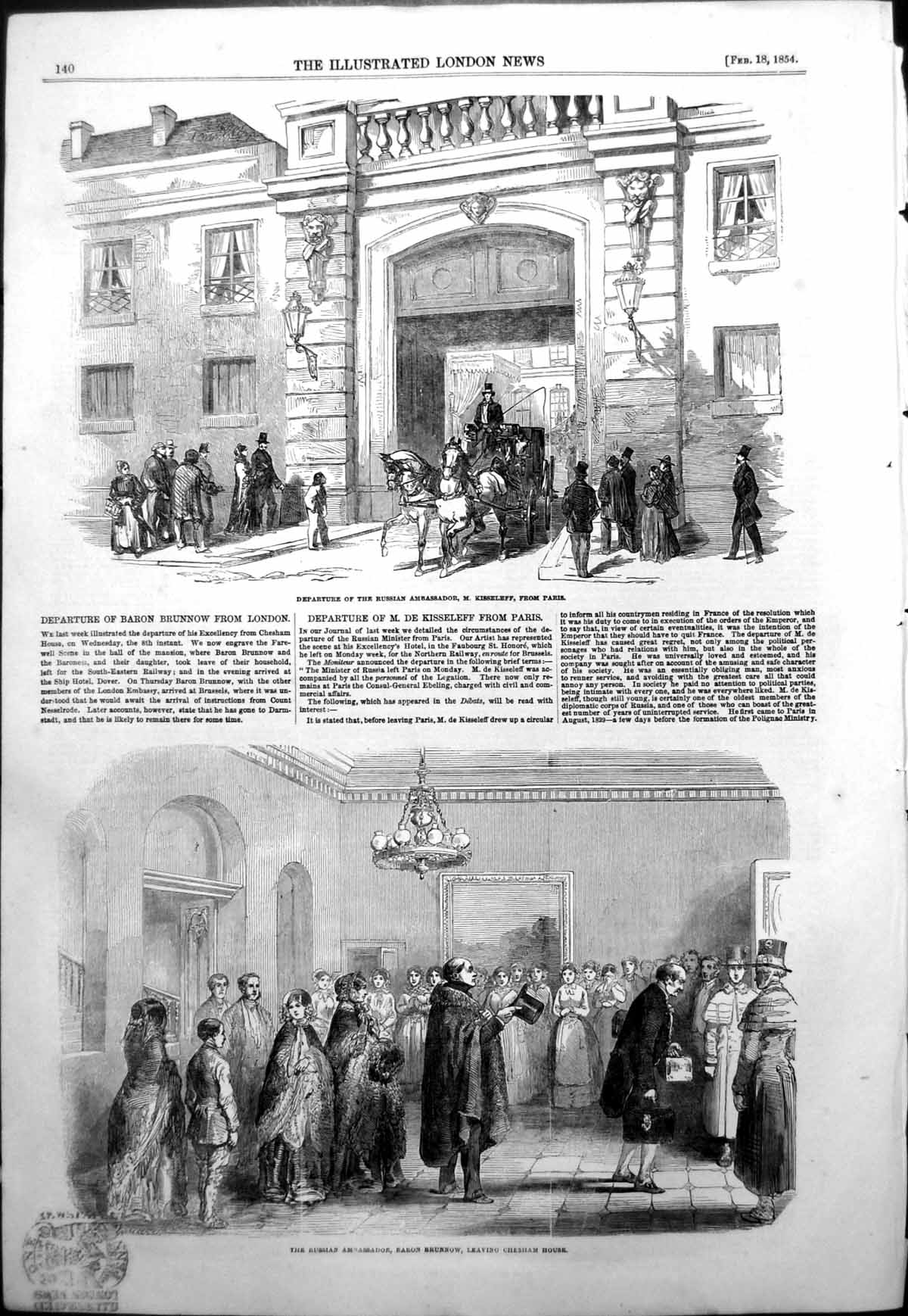 Antique Print Russian Ambassador M Kisseleff Paris Baron Brunnow London1854