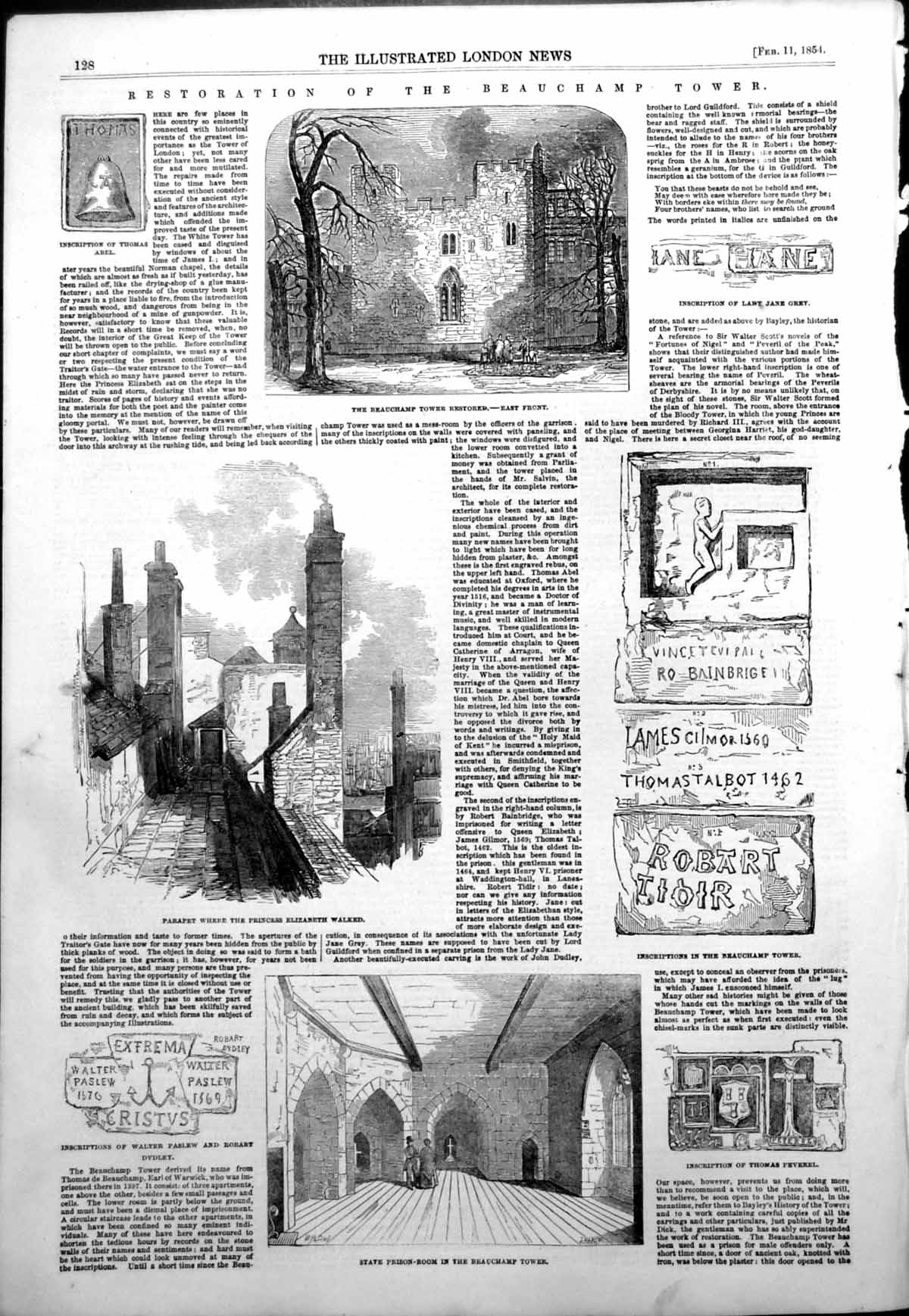 Antique Print Restoration Beauchamp Tower Inscriptions Parapet Prison 1854 19th