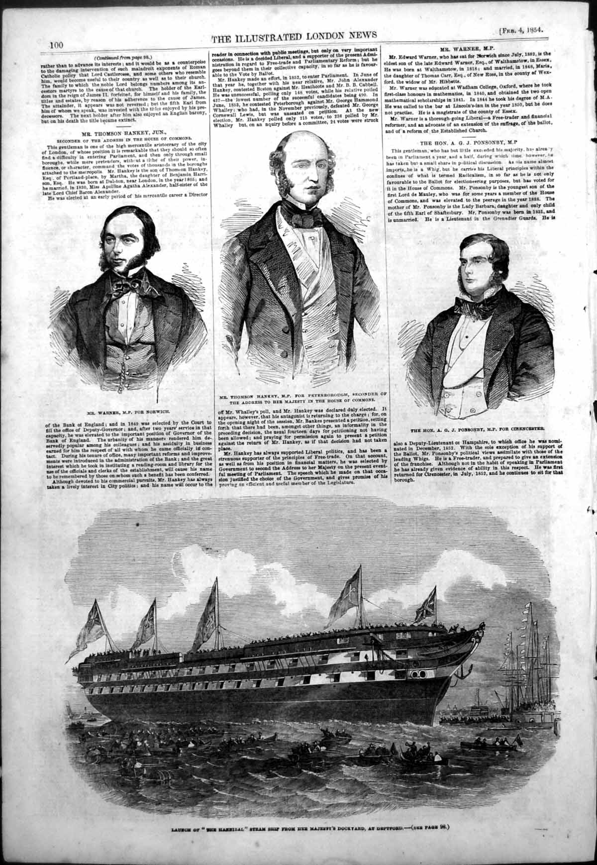 Antique Old Print Launch Hannibal Deptford Mr Warner Mp Thomson Hankey 1854