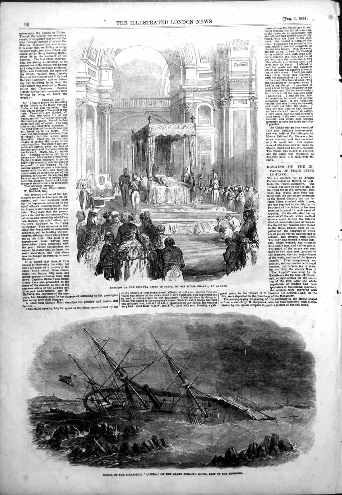 Antique Print Wreck Olinda Rocks Harry Furlong Remains Infanta Madrid 1854 19th