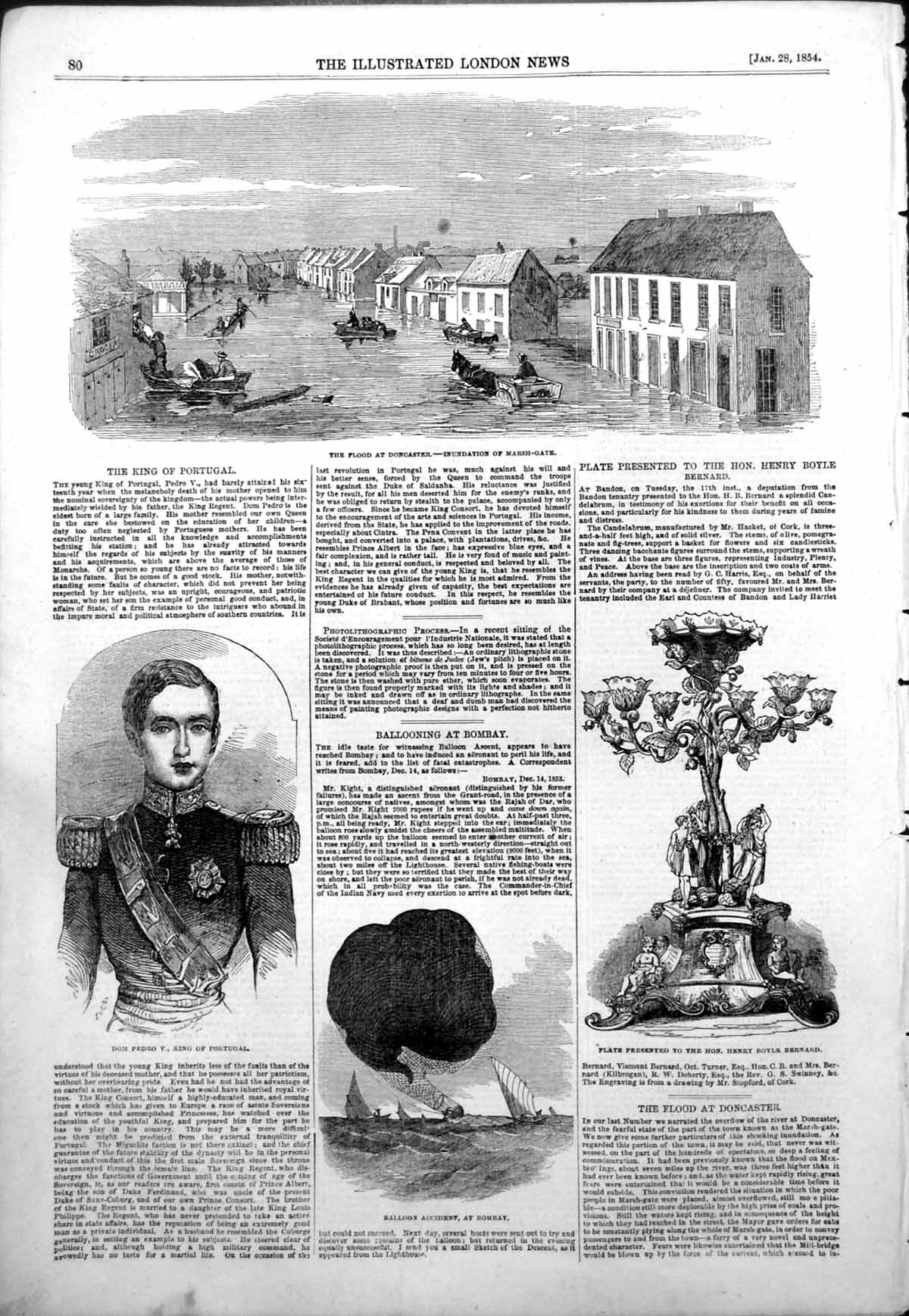 Antique Print Flood Doncaster Dom Pedro V King Prtugal Balloon Bombay 1854 19th