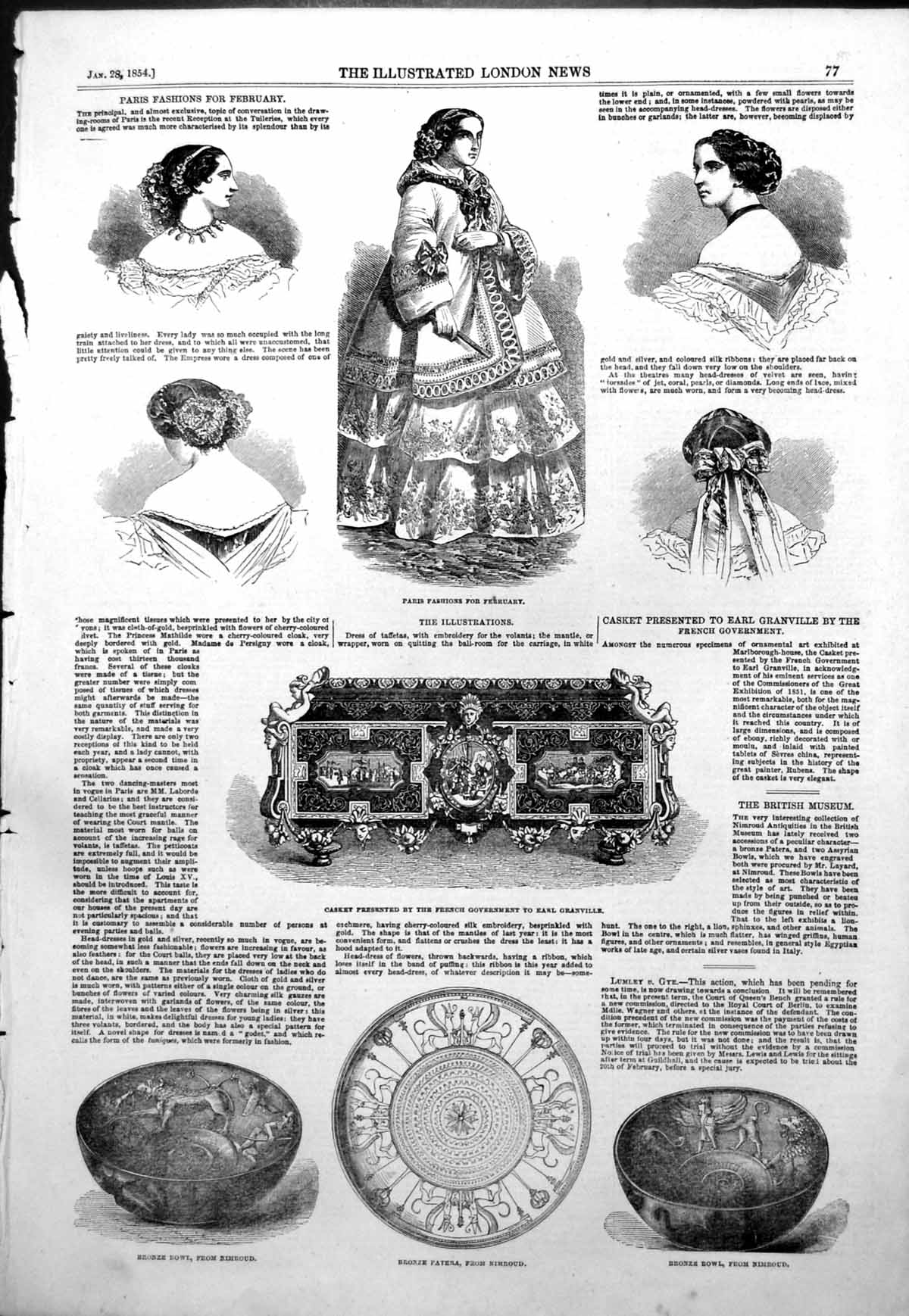 Antique Old Print Casket French Gov Earl Granville Bronze Bowl Nimroud 1854