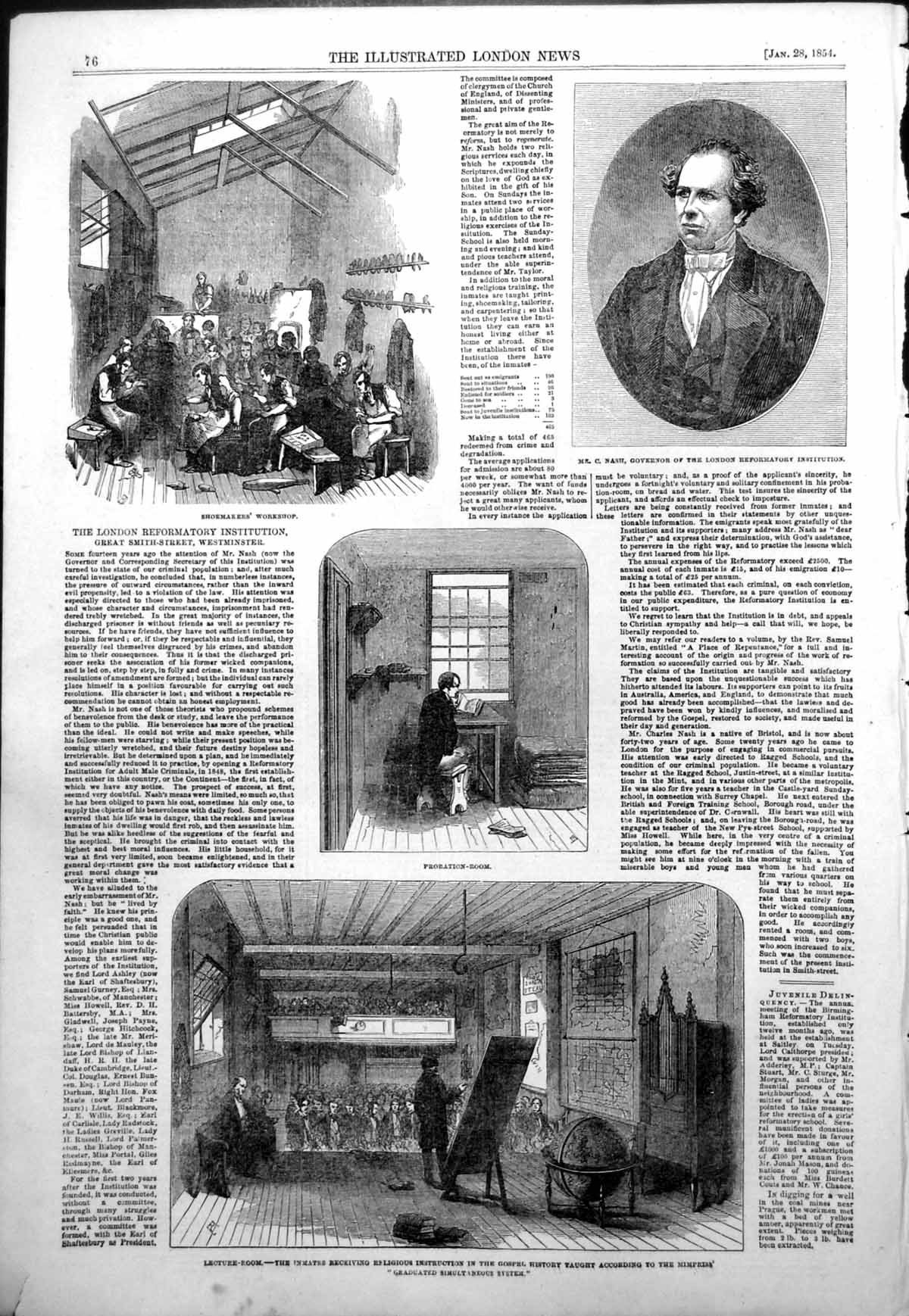 Original Old Antique Print London Reformatory Institution C Nash Governor 1854