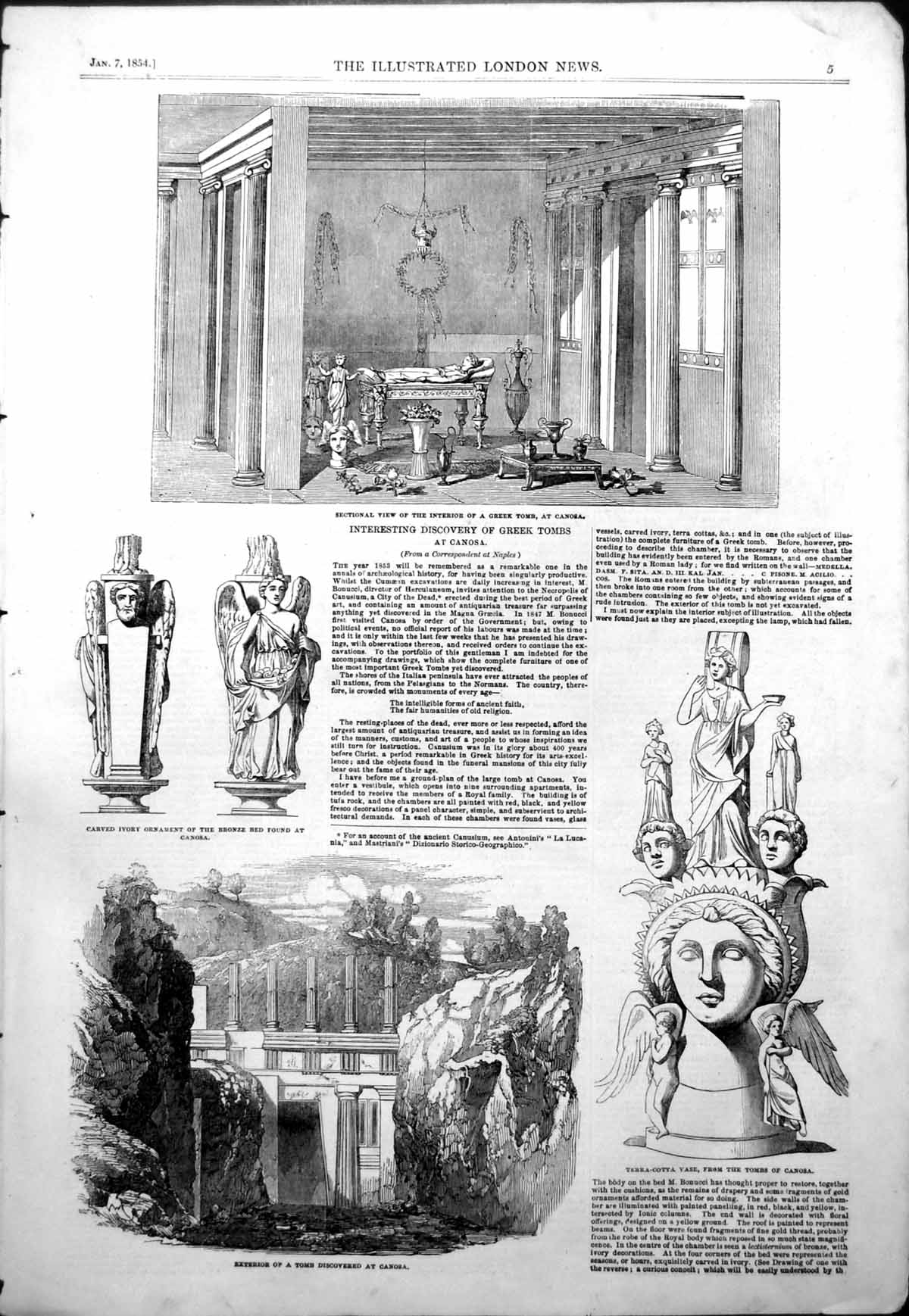 Antique Old Print Discovery Greek Tombs Canosa Terra Cotta Vase Ivory 1854 19th
