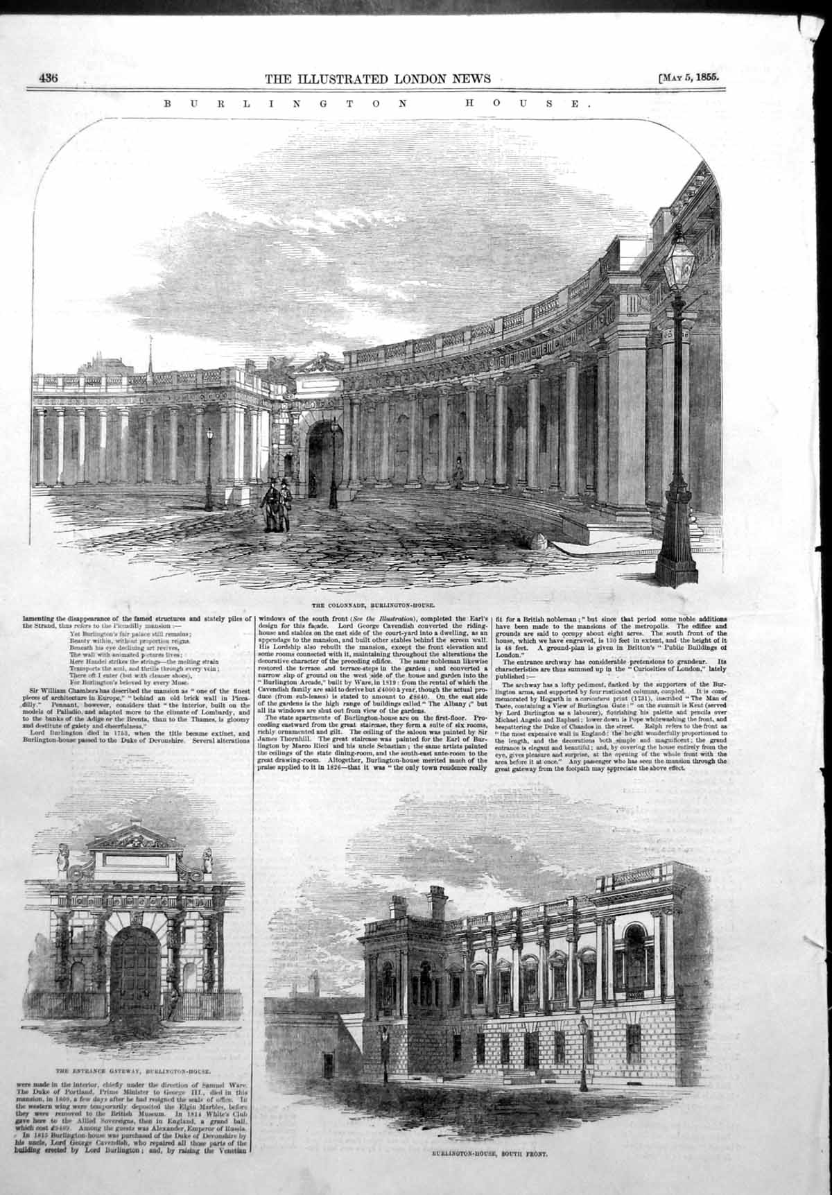 Old Antique Print Burlington House Colonnade Gateway Paris Fashions 1855 19th