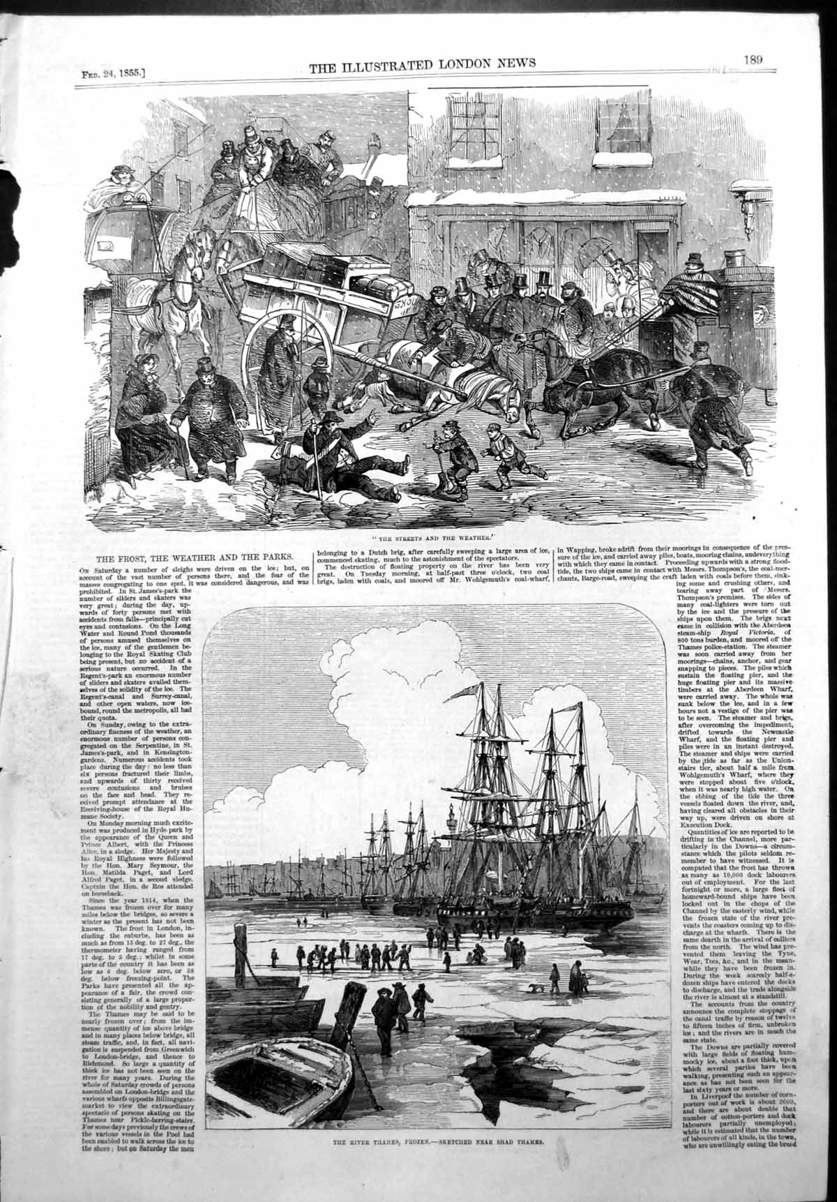 Antique Old Print Frost Parks Frozen Thames Skating Hyde Park Bargemen 1855