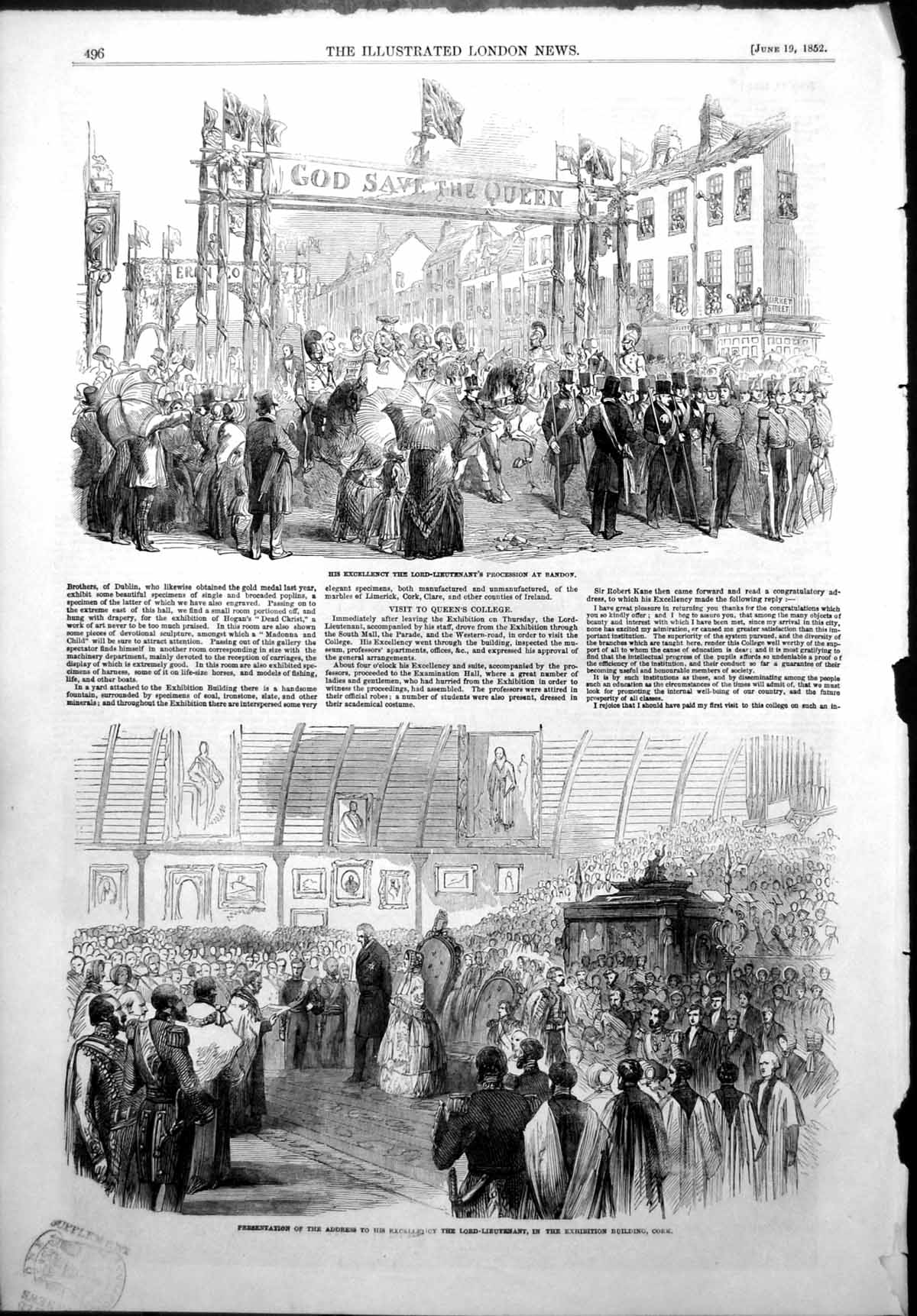 Antique Old Print Irish Poplin Lord Lieutenant Procession Bandon Cork 1852 19th