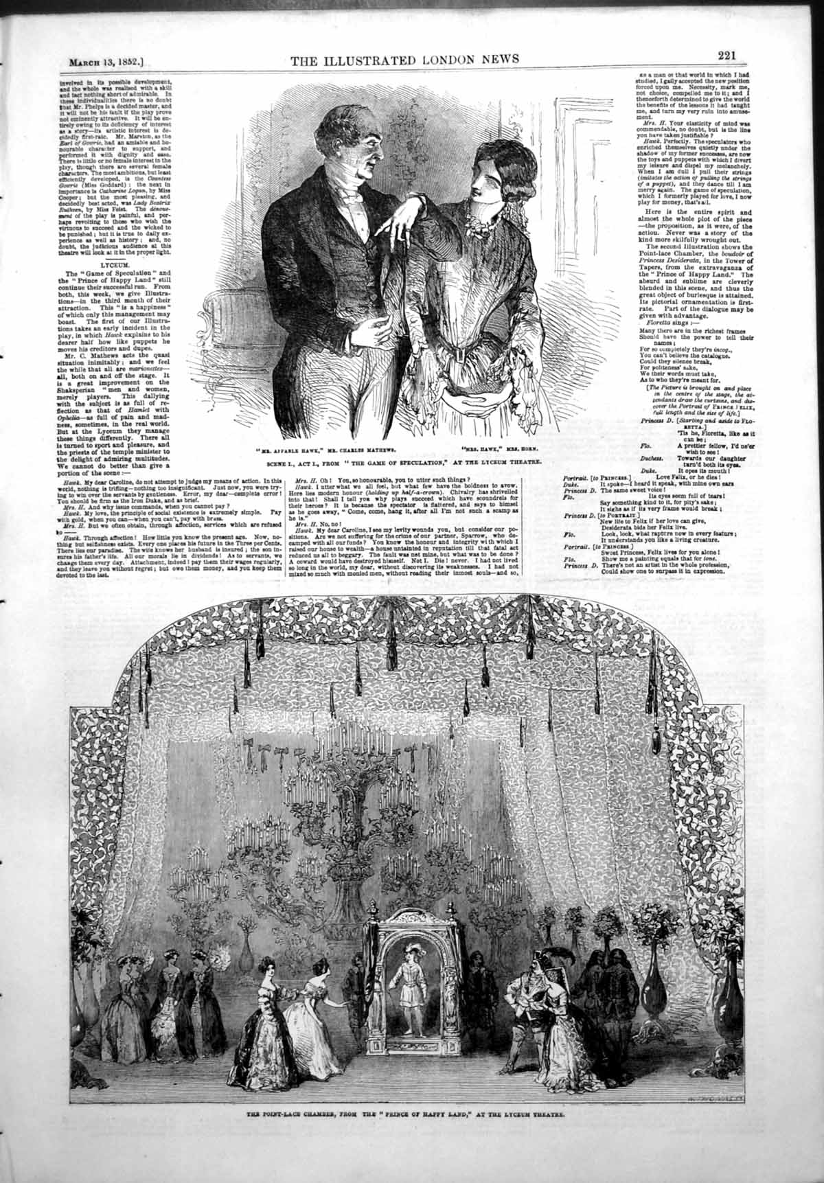 Antique Old Print Game Speculation Prince Happy Land Lace Chamber Lyceum 1852