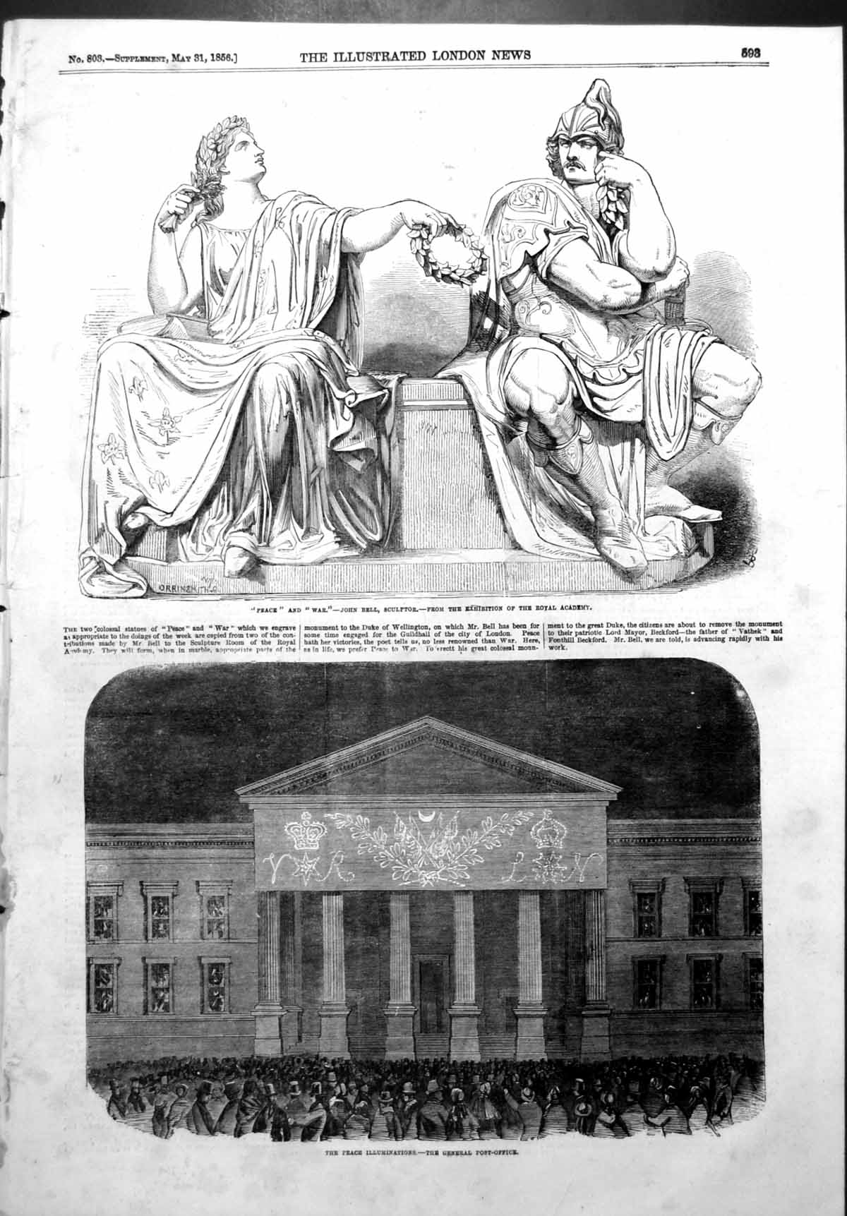 Antique Print Peace War Jbell Sculptor Peace Illuminations Post Office 1856