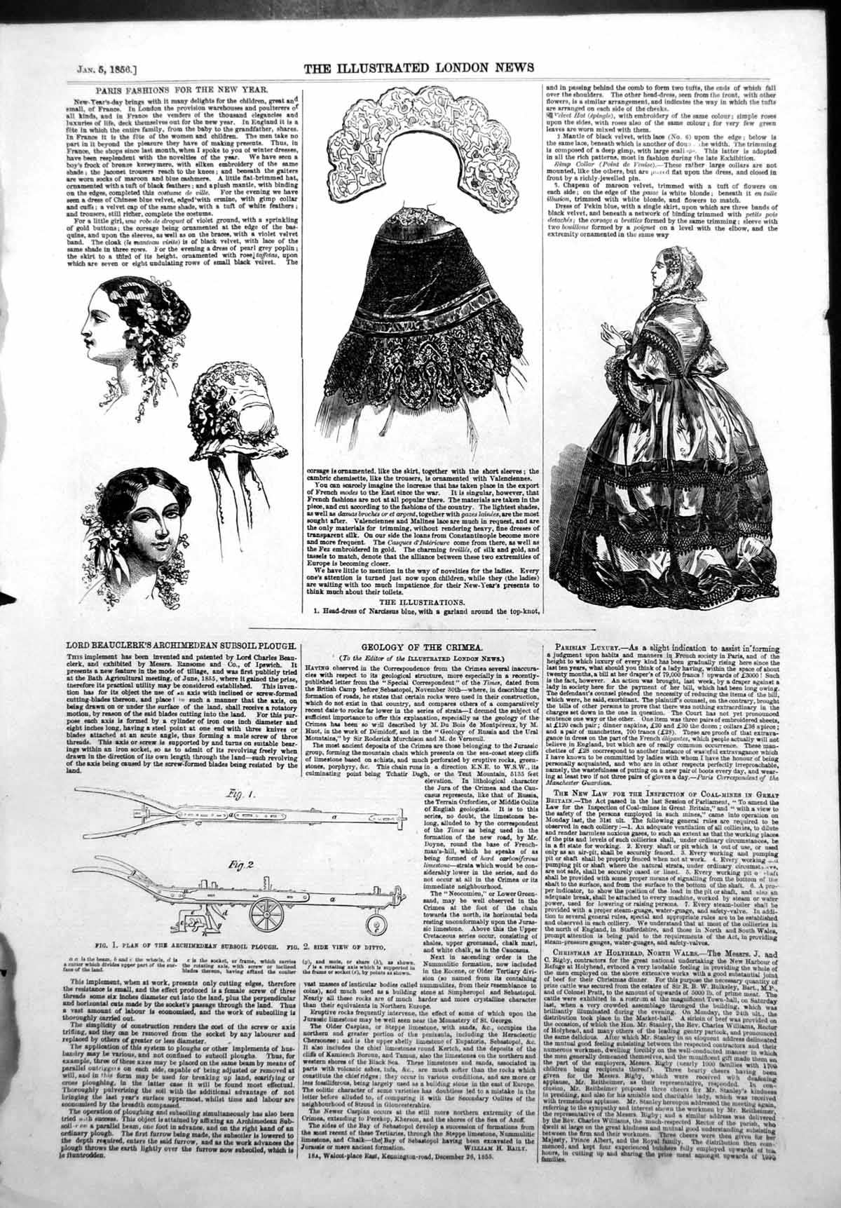 Old Antique Print Plan Archimedean Subsoil Plough Paris Head Dresses 1856 19th