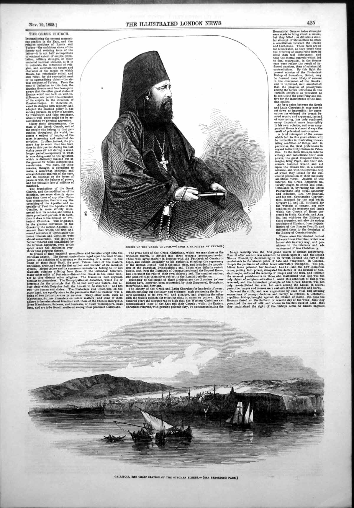 Antique Print Peter Great Priest Greek Church Gallipoli Ottoman Fleets 1853