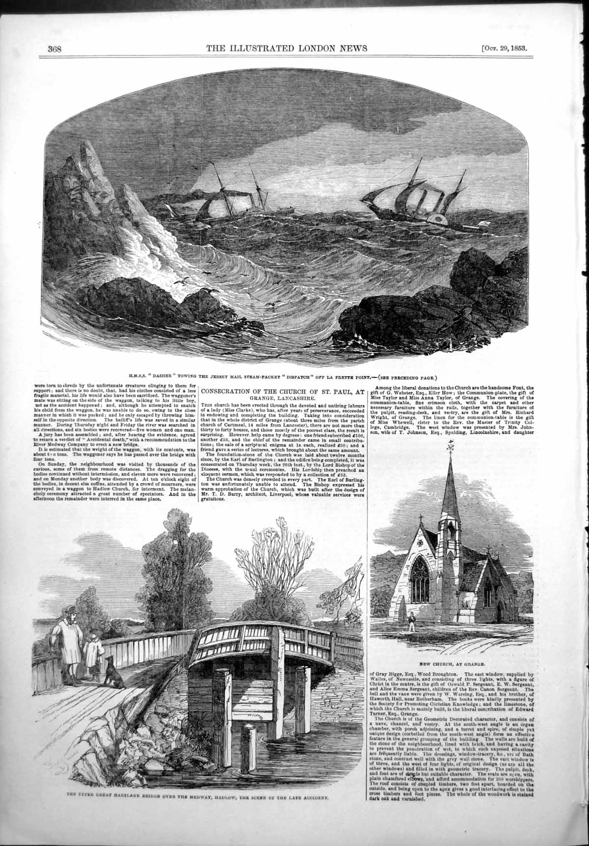 Old Antique Print Subway Sewage Accident Bridge Medway Church Grange 1853 19th